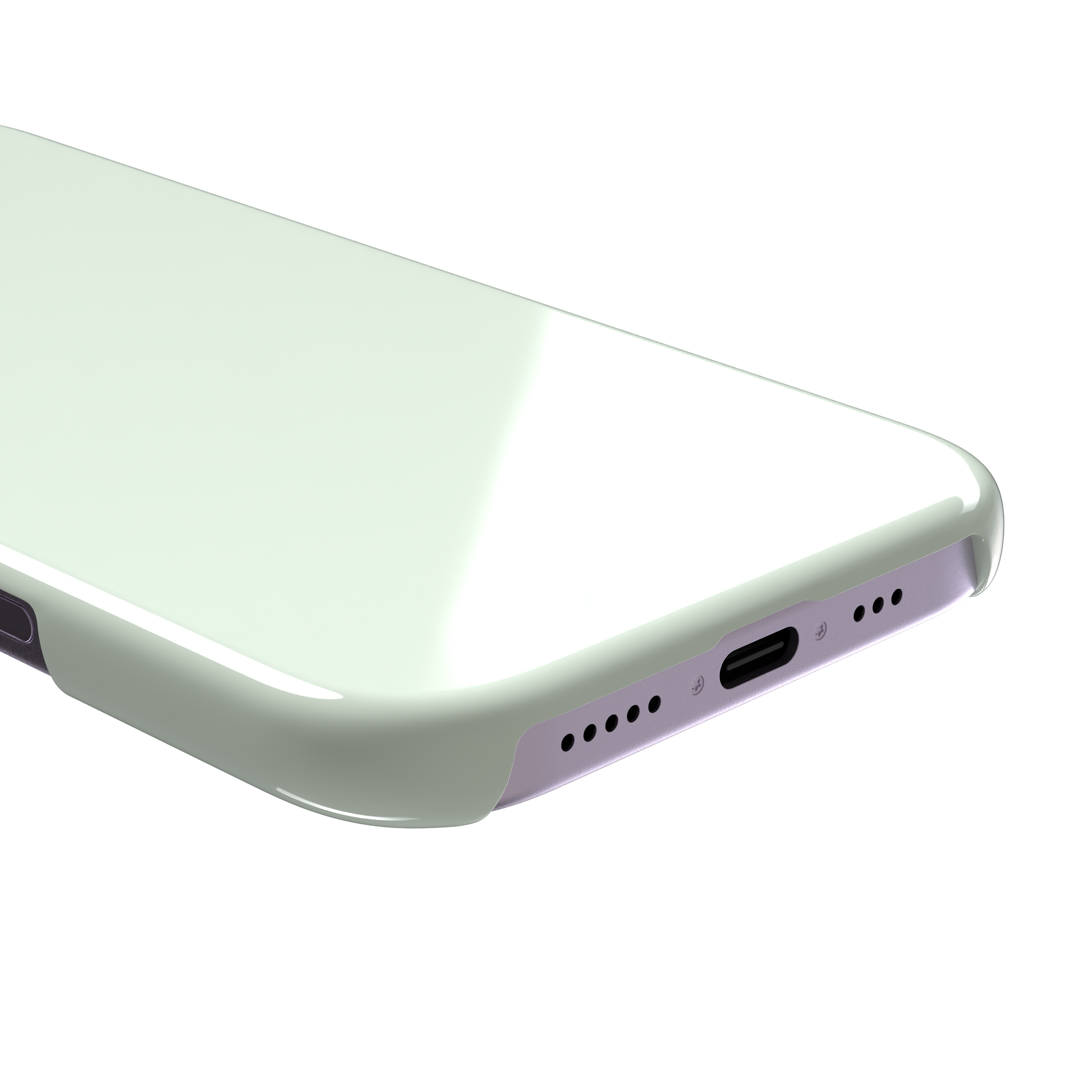 Solid near-white pale mint color variant of the green phone case, front view on iPhone, phone case by Caselier — snap case, charging port detail