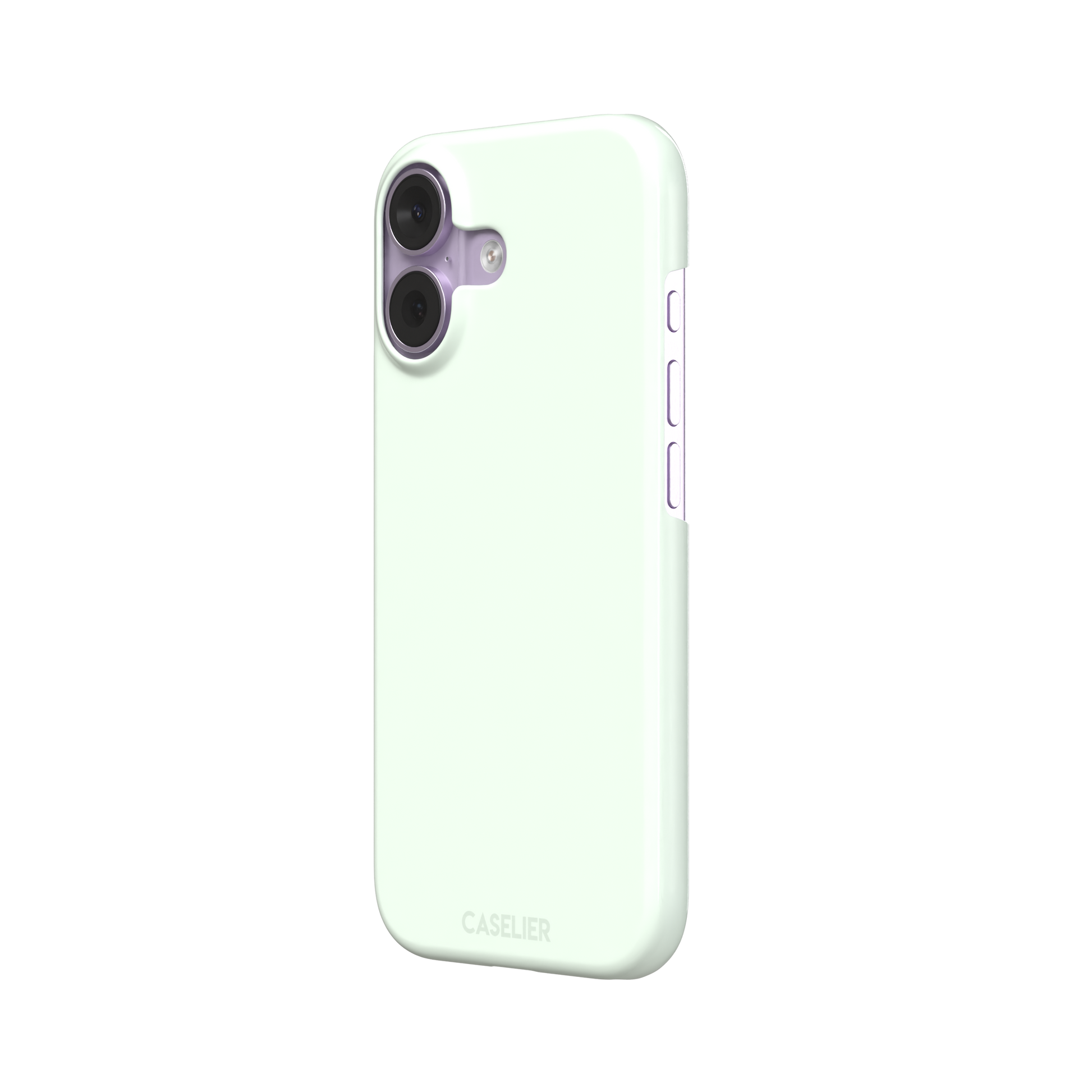 Solid near-white pale mint color variant of the green phone case, front view on iPhone, phone case by Caselier — snap case, right view