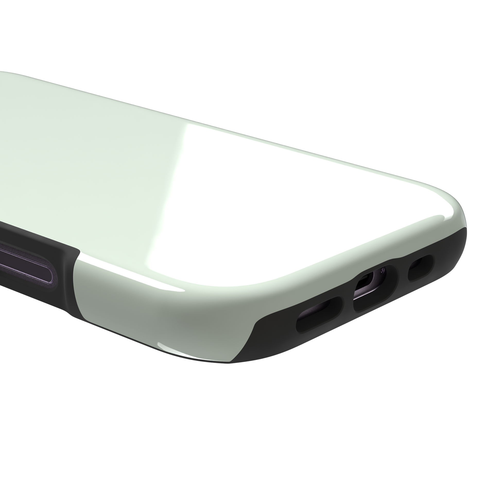 Solid near-white pale mint color variant of the green phone case, front view on iPhone, phone case by Caselier — tough case, charging port detail