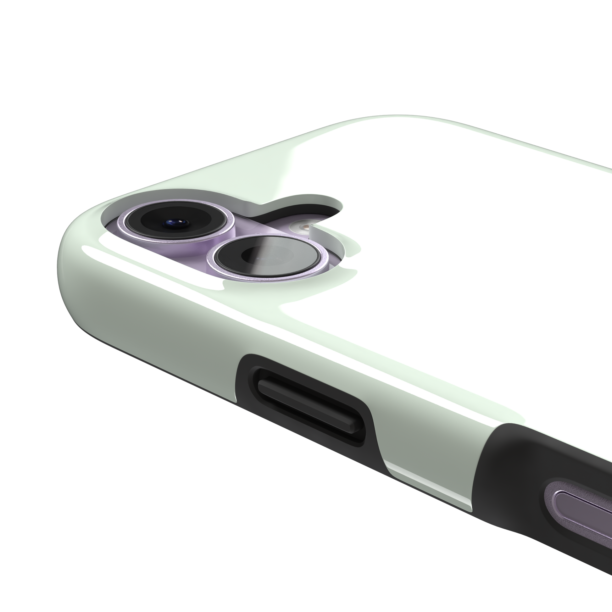 Solid near-white pale mint color variant of the green phone case, front view on iPhone, phone case by Caselier — tough case, volume buttons detail