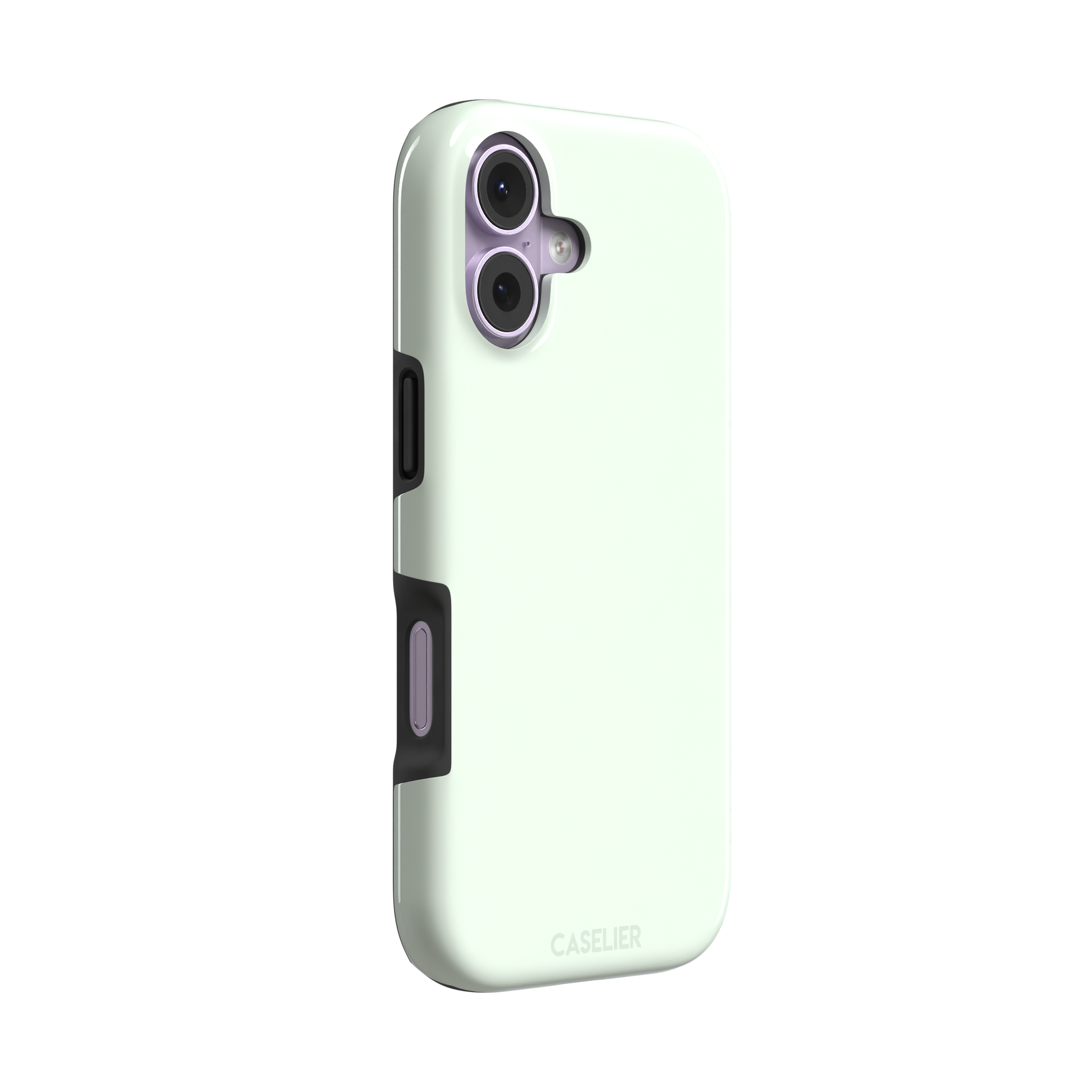 Solid near-white pale mint color variant of the green phone case, front view on iPhone, phone case by Caselier — tough case, left view