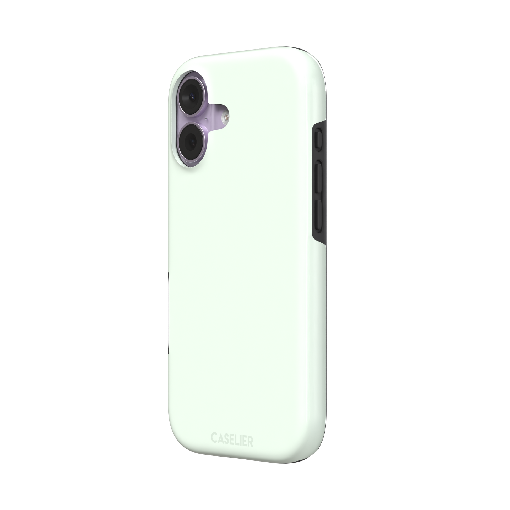 Solid near-white pale mint color variant of the green phone case, front view on iPhone, phone case by Caselier — tough case, right view