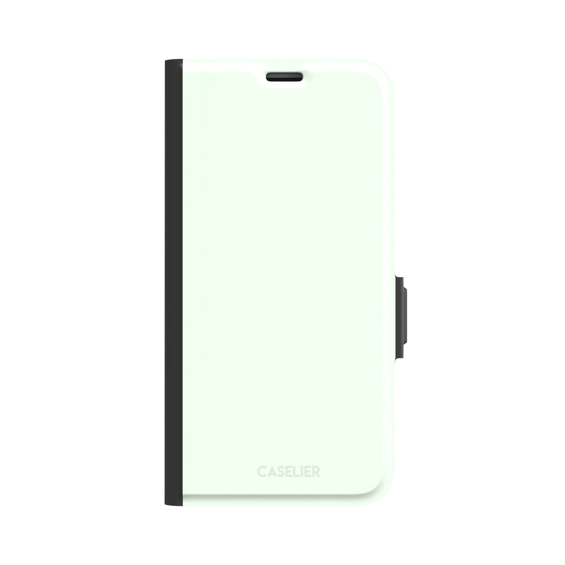 Solid near-white pale mint color variant of the green phone case, front view on iPhone, phone case by Caselier — wallet case, front view
