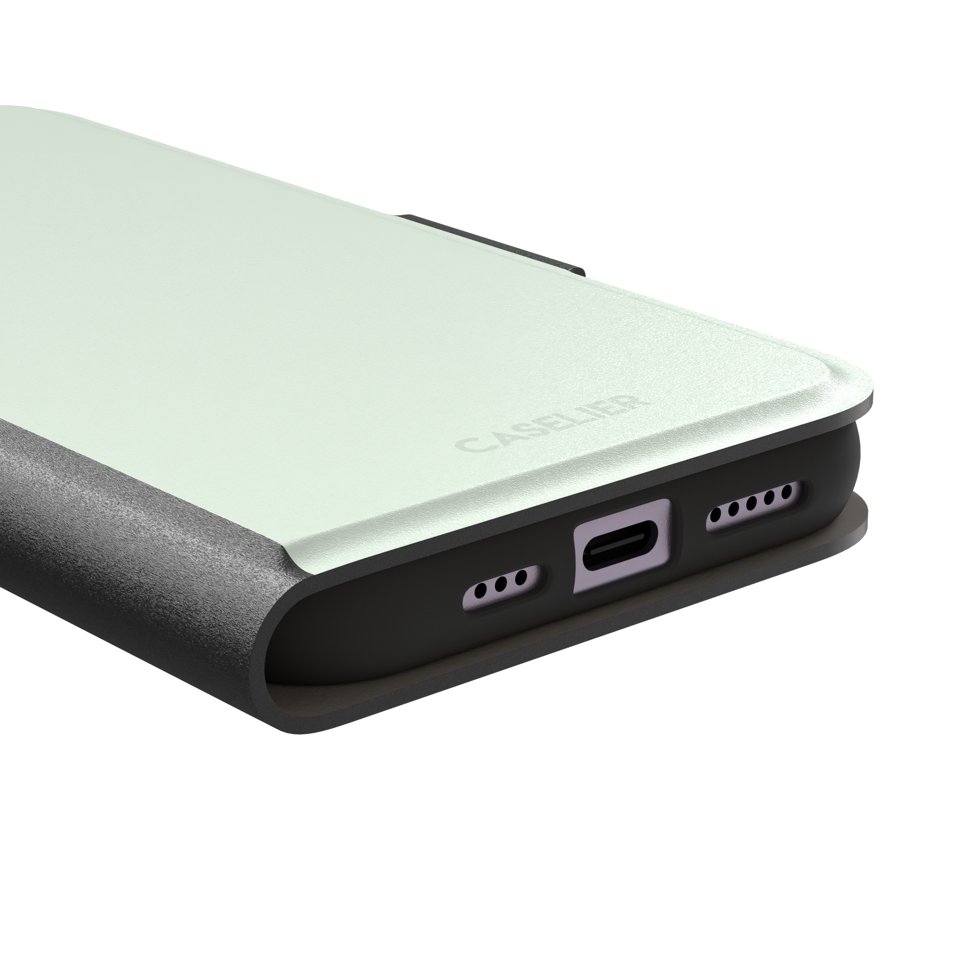 Solid near-white pale mint color variant of the green phone case, front view on iPhone, phone case by Caselier — wallet case, charging port detail