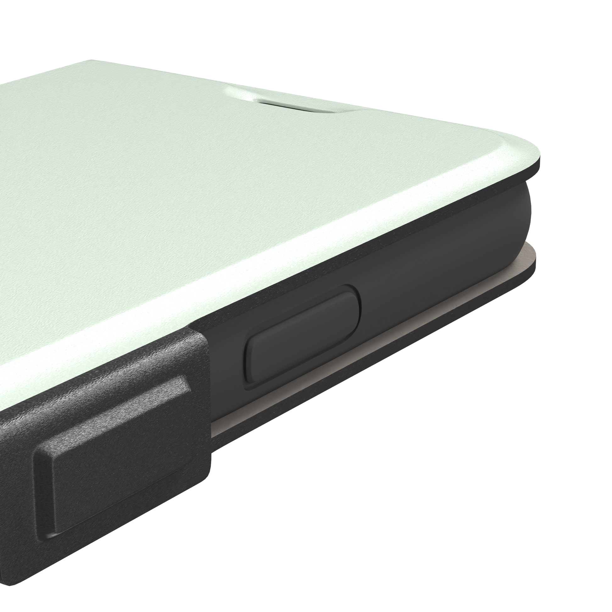 Solid near-white pale mint color variant of the green phone case, front view on iPhone, phone case by Caselier — wallet case, volume buttons detail