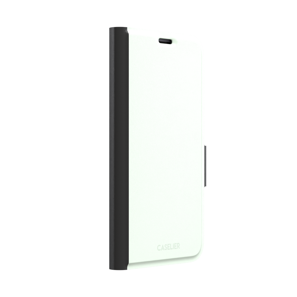 Solid near-white pale mint color variant of the green phone case, front view on iPhone, phone case by Caselier — wallet case, left view