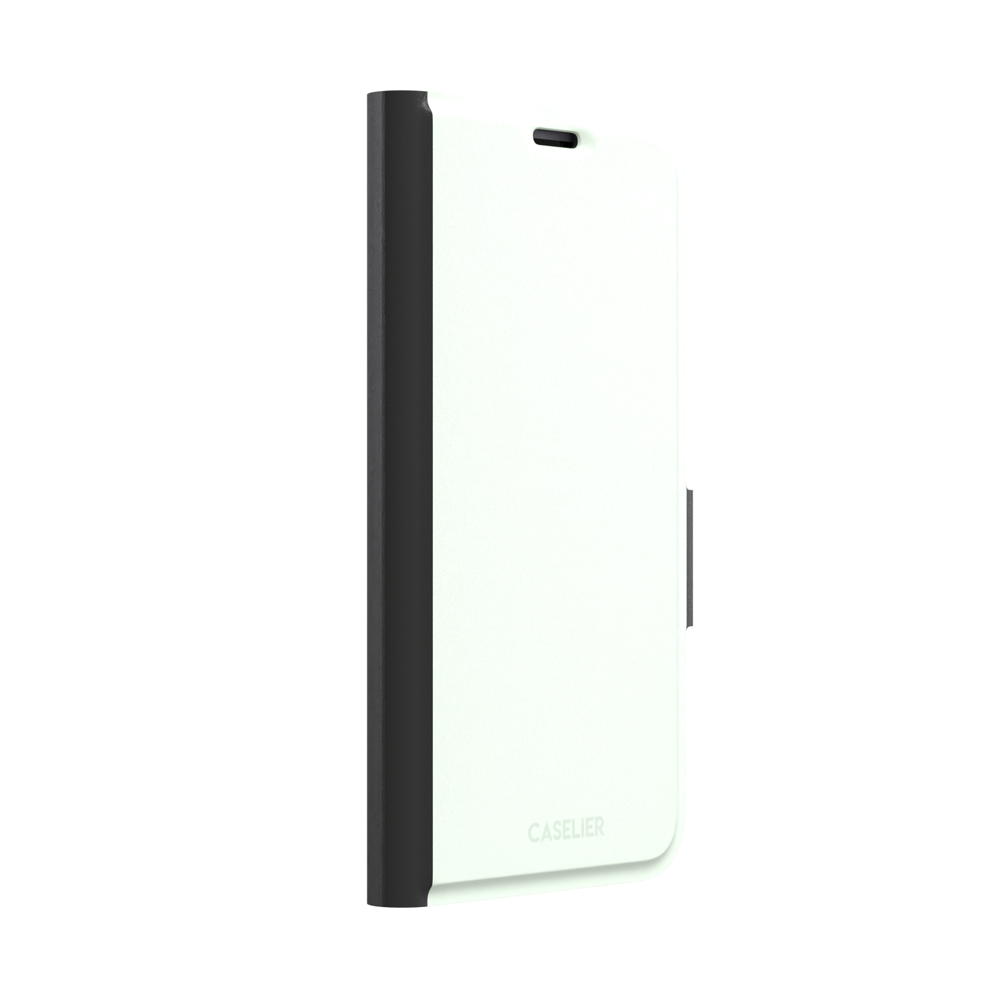 Solid near-white pale mint color variant of the green phone case, front view on iPhone, phone case by Caselier — wallet case, left view
