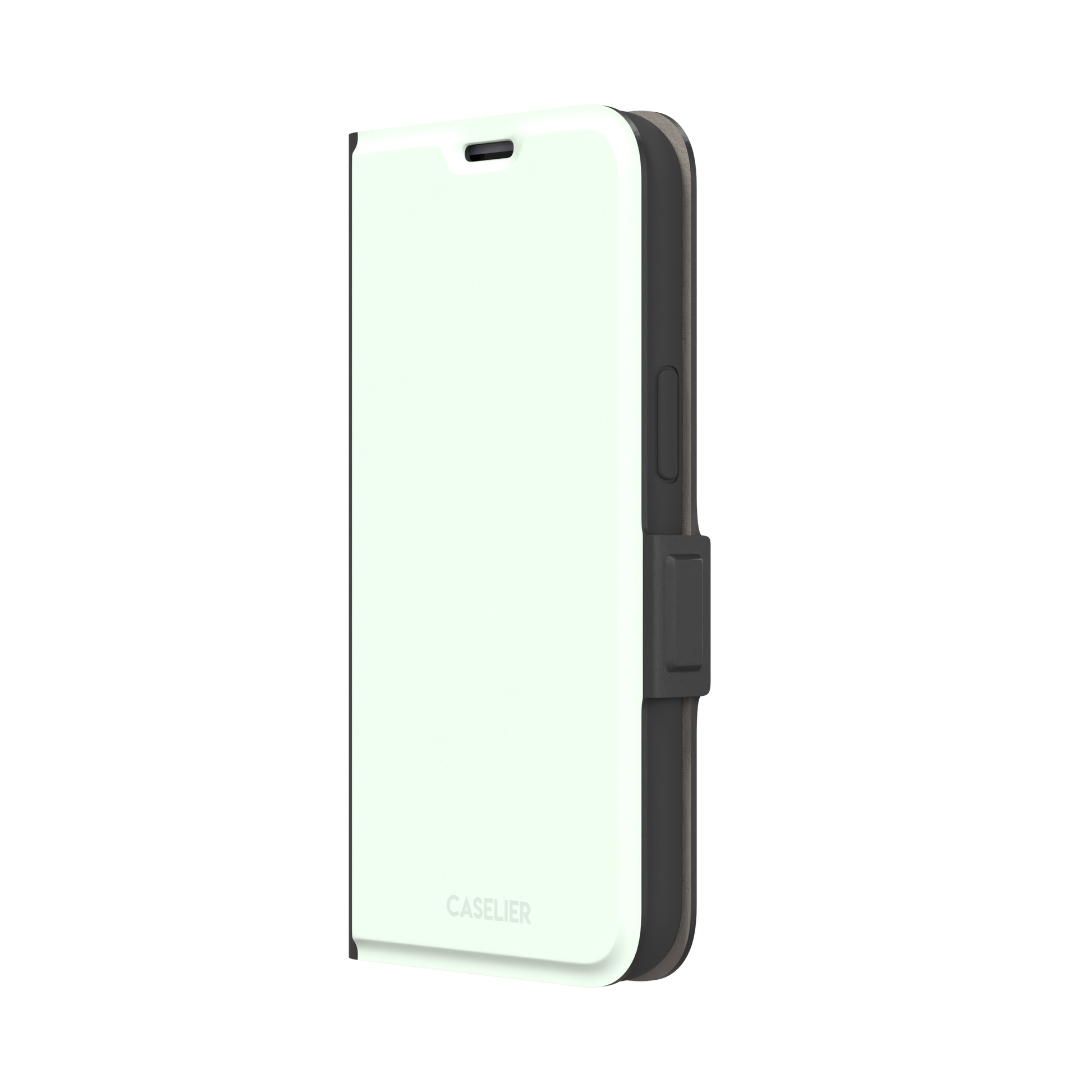 Solid near-white pale mint color variant of the green phone case, front view on iPhone, phone case by Caselier — wallet case, right view