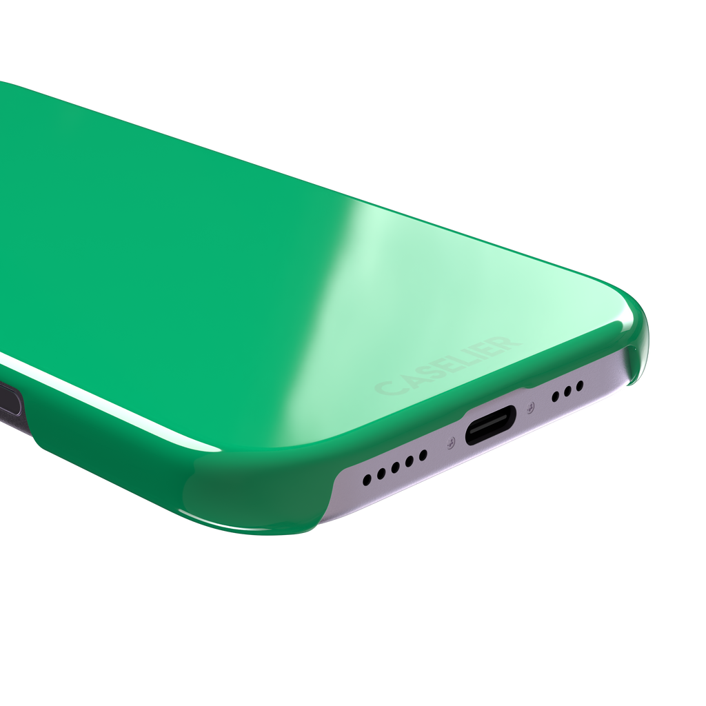 Solid emerald mint green color variant of the green phone case, front view on iPhone, phone case by Caselier — snap case, charging port detail