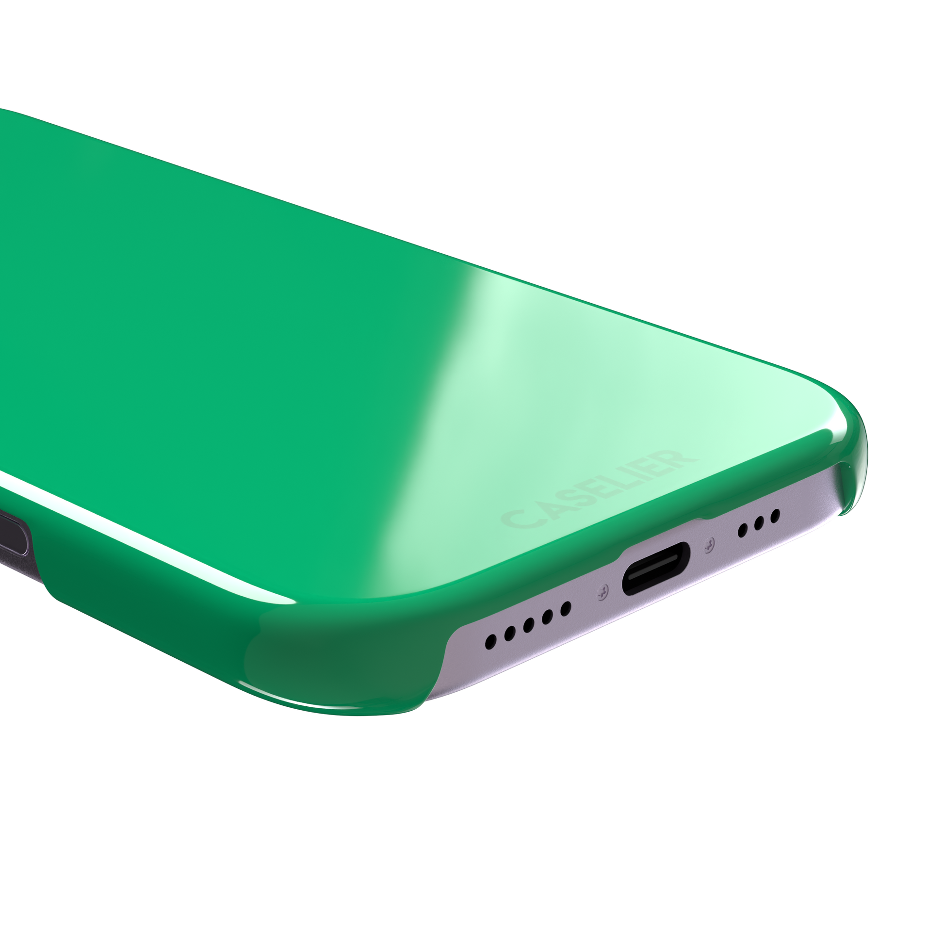 Solid emerald mint green color variant of the green phone case, front view on iPhone, phone case by Caselier — snap case, charging port detail