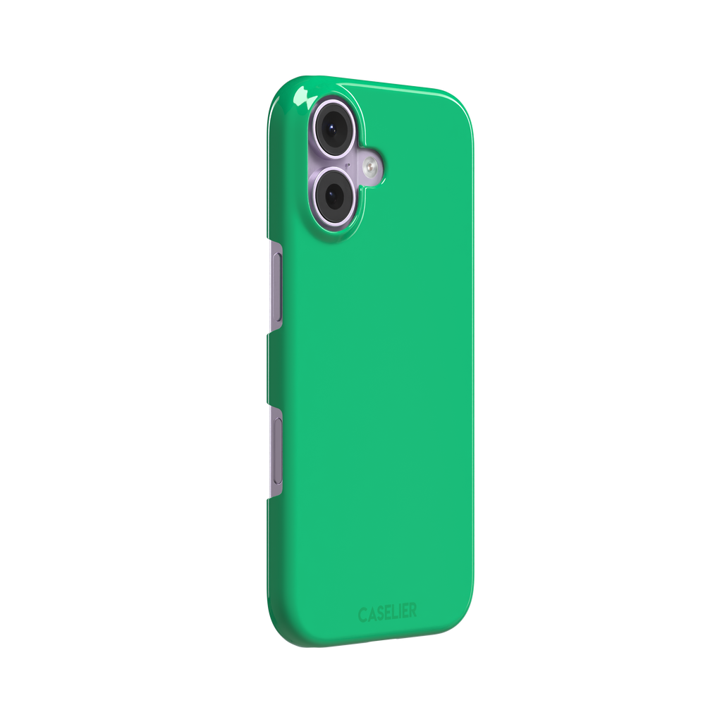 Solid emerald mint green color variant of the green phone case, front view on iPhone, phone case by Caselier — snap case, left view