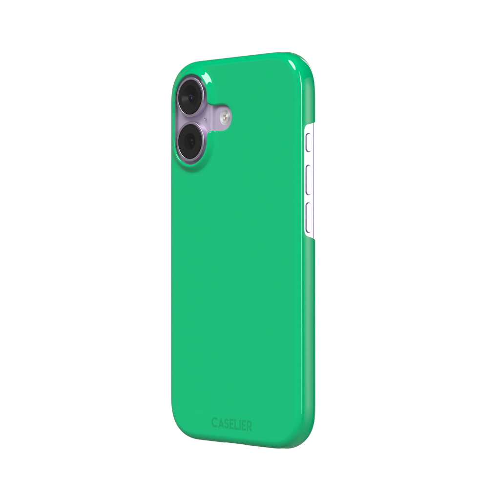 Solid emerald mint green color variant of the green phone case, front view on iPhone, phone case by Caselier — snap case, right view