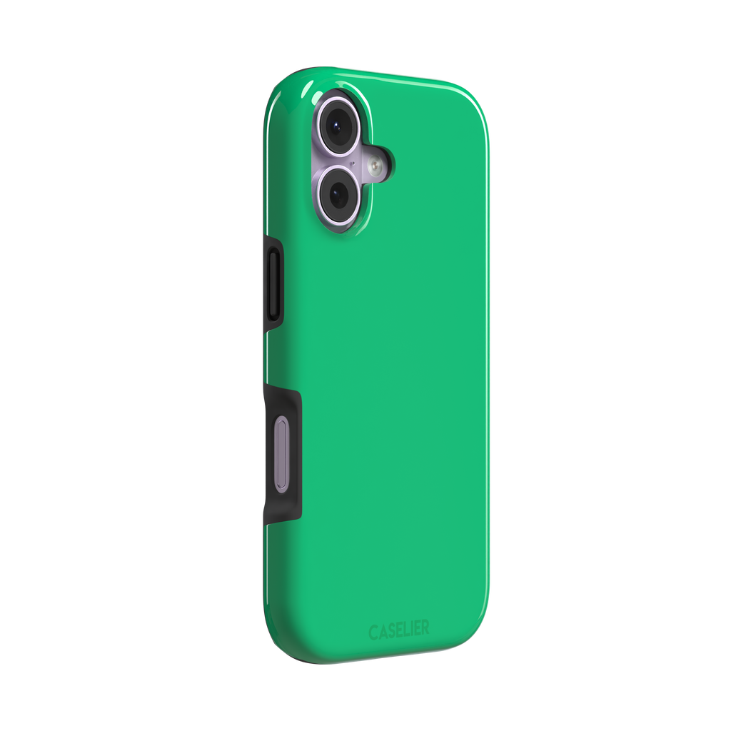 Solid emerald mint green color variant of the green phone case, front view on iPhone, phone case by Caselier — tough case, left view