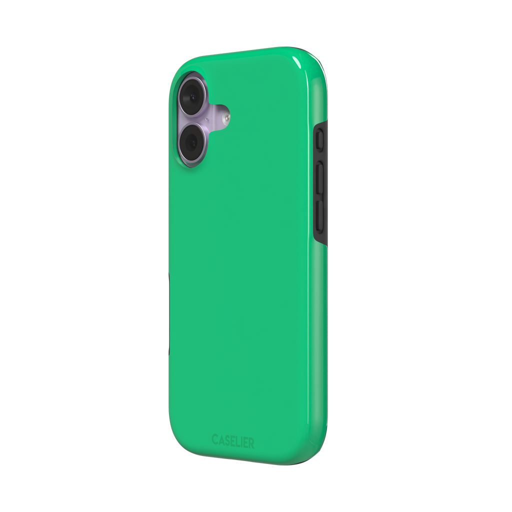 Solid emerald mint green color variant of the green phone case, front view on iPhone, phone case by Caselier — tough case, right view