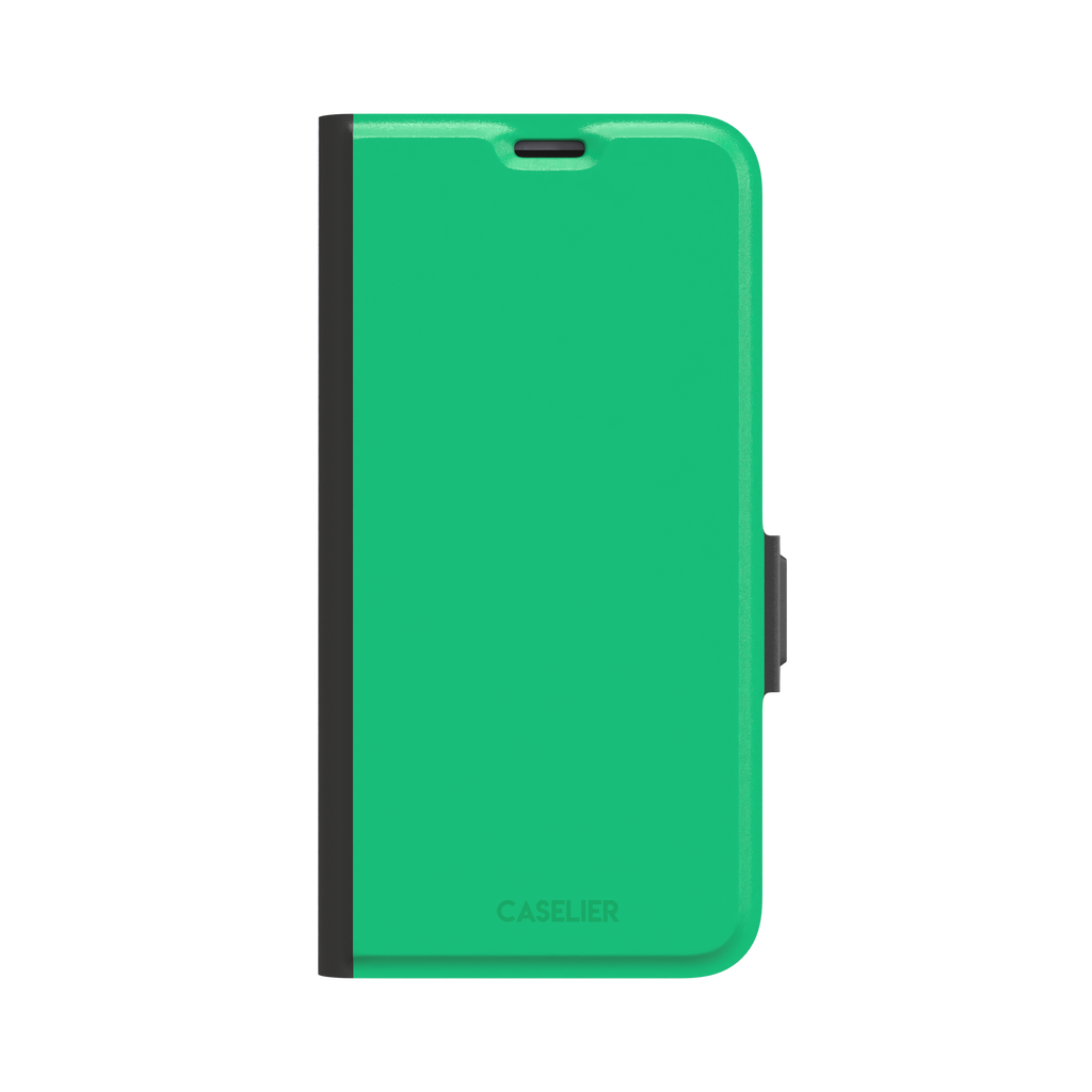 Solid emerald mint green color variant of the green phone case, front view on iPhone, phone case by Caselier — wallet case, front view
