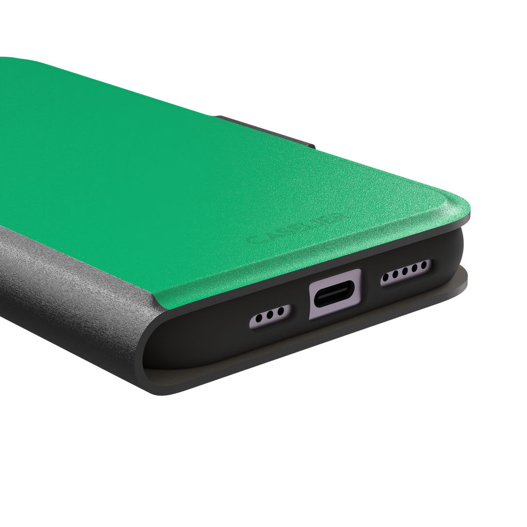 Solid emerald mint green color variant of the green phone case, front view on iPhone, phone case by Caselier — wallet case, charging port detail