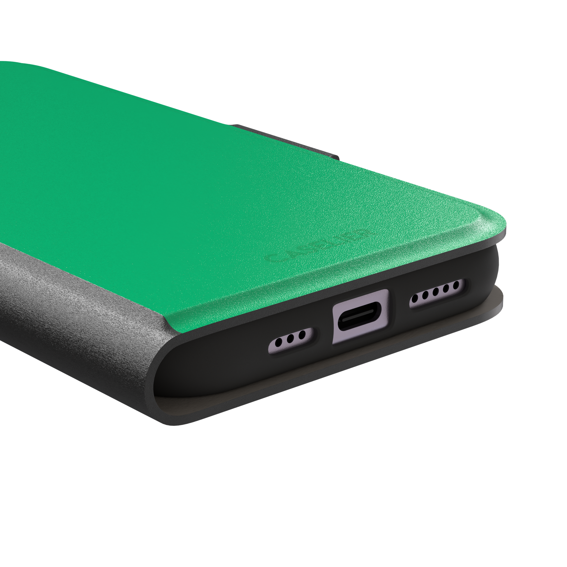 Solid emerald mint green color variant of the green phone case, front view on iPhone, phone case by Caselier — wallet case, charging port detail