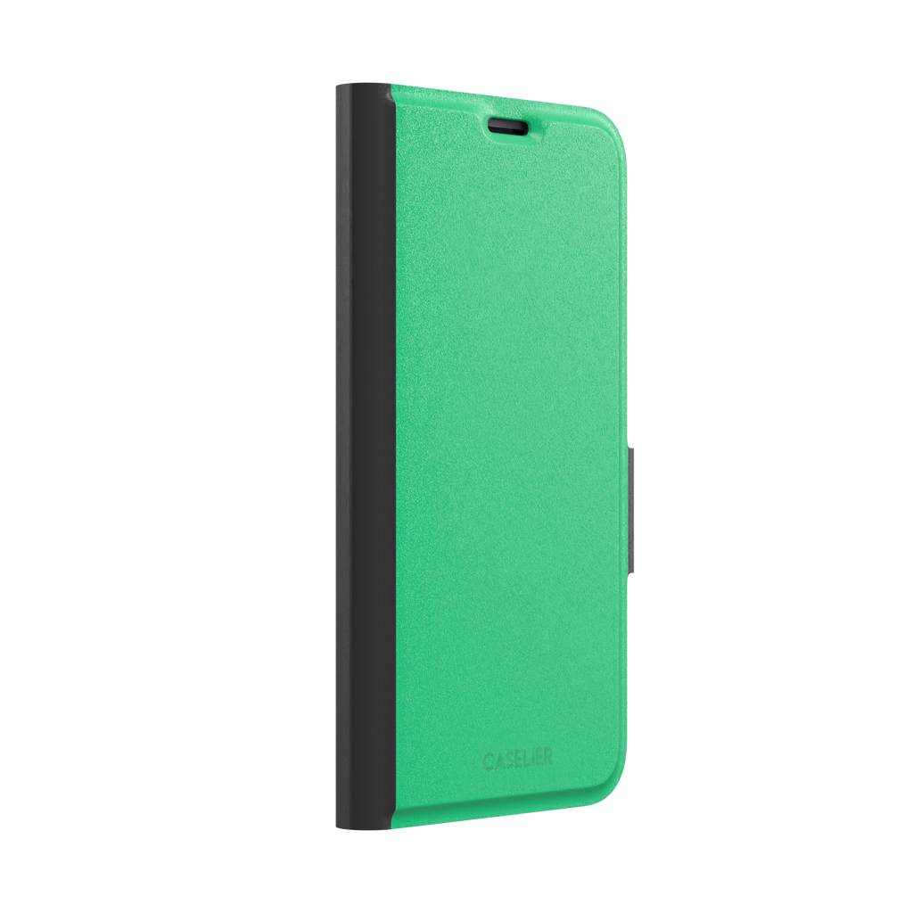 Solid emerald mint green color variant of the green phone case, front view on iPhone, phone case by Caselier — wallet case, left view