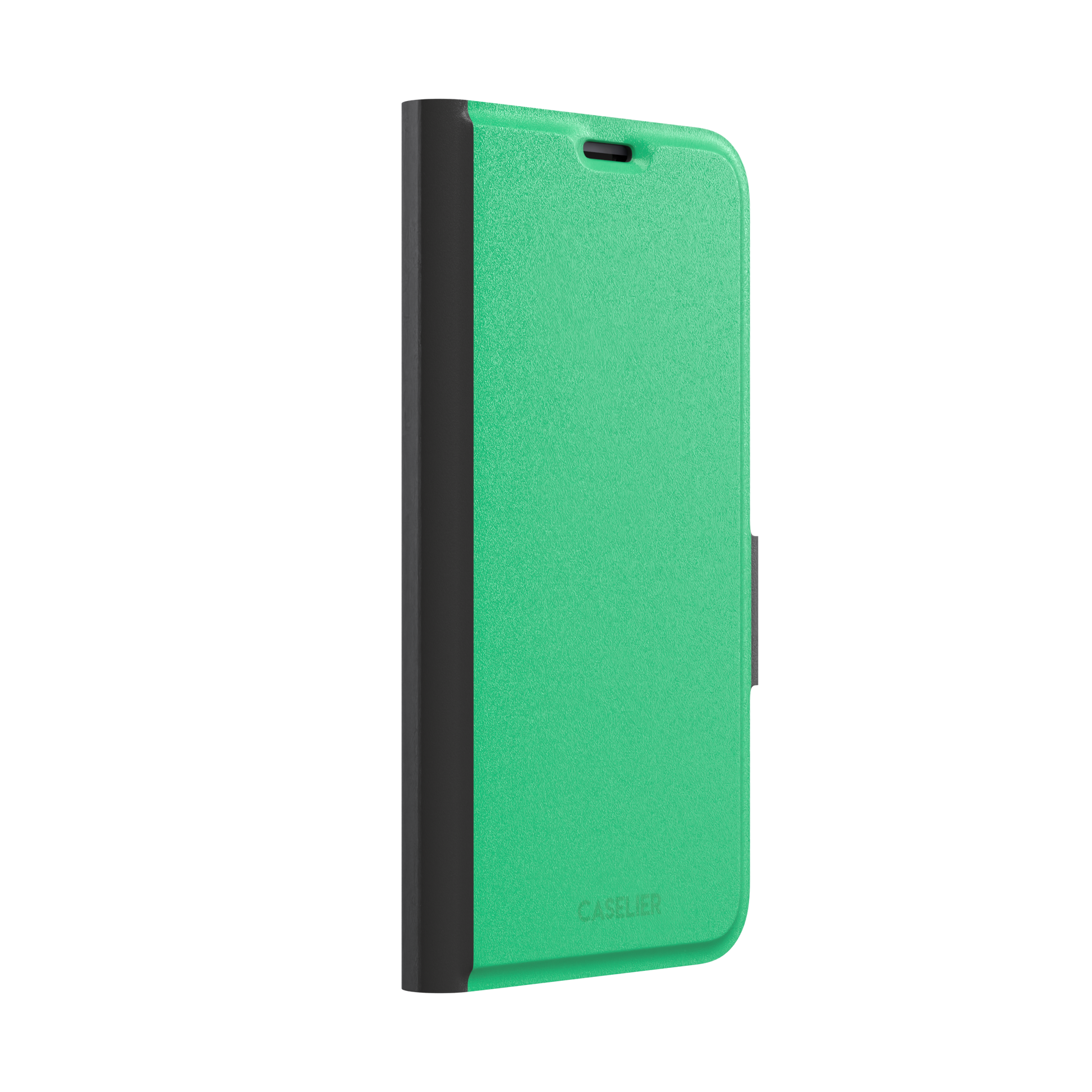 Solid emerald mint green color variant of the green phone case, front view on iPhone, phone case by Caselier — wallet case, left view