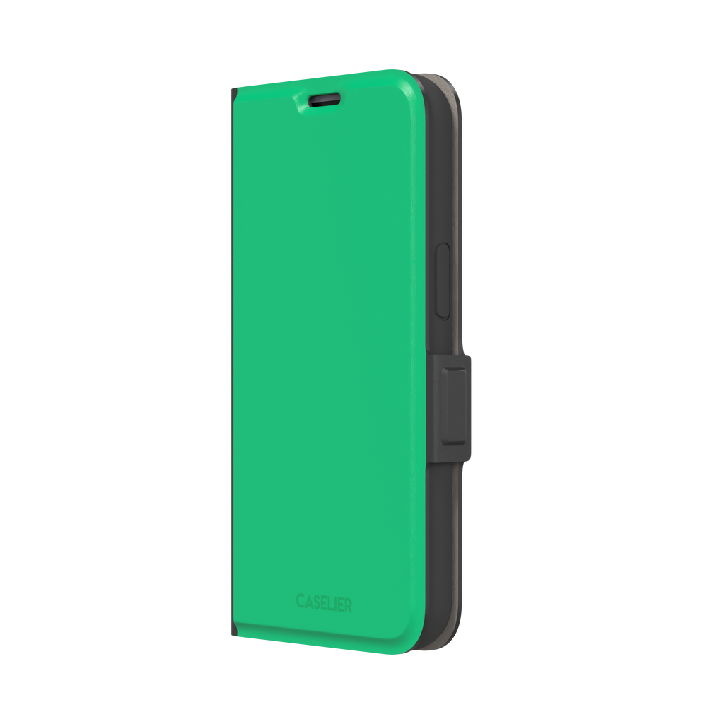 Solid emerald mint green color variant of the green phone case, front view on iPhone, phone case by Caselier — wallet case, right view