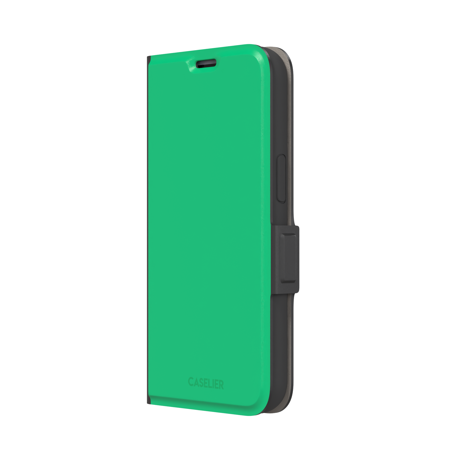 Solid emerald mint green color variant of the green phone case, front view on iPhone, phone case by Caselier — wallet case, right view