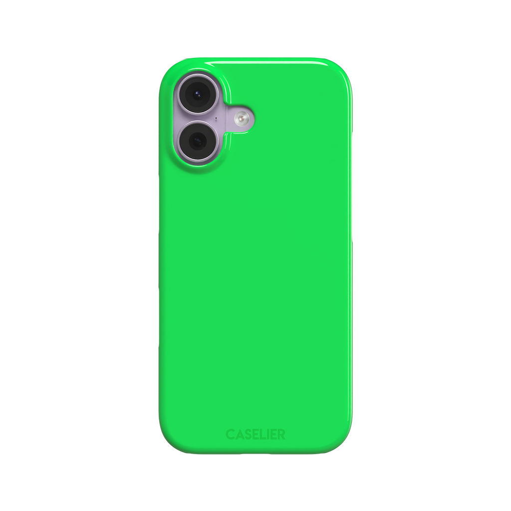 Solid neon green color variant of the green phone case, front view on iPhone, phone case by Caselier — snap case, front view
