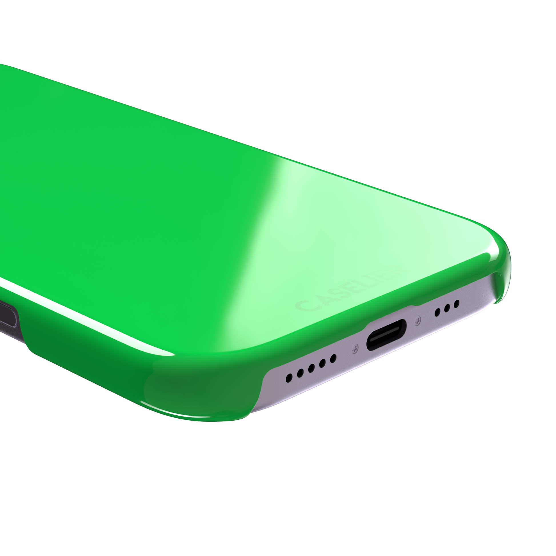 Solid neon green color variant of the green phone case, front view on iPhone, phone case by Caselier — snap case, charging port detail