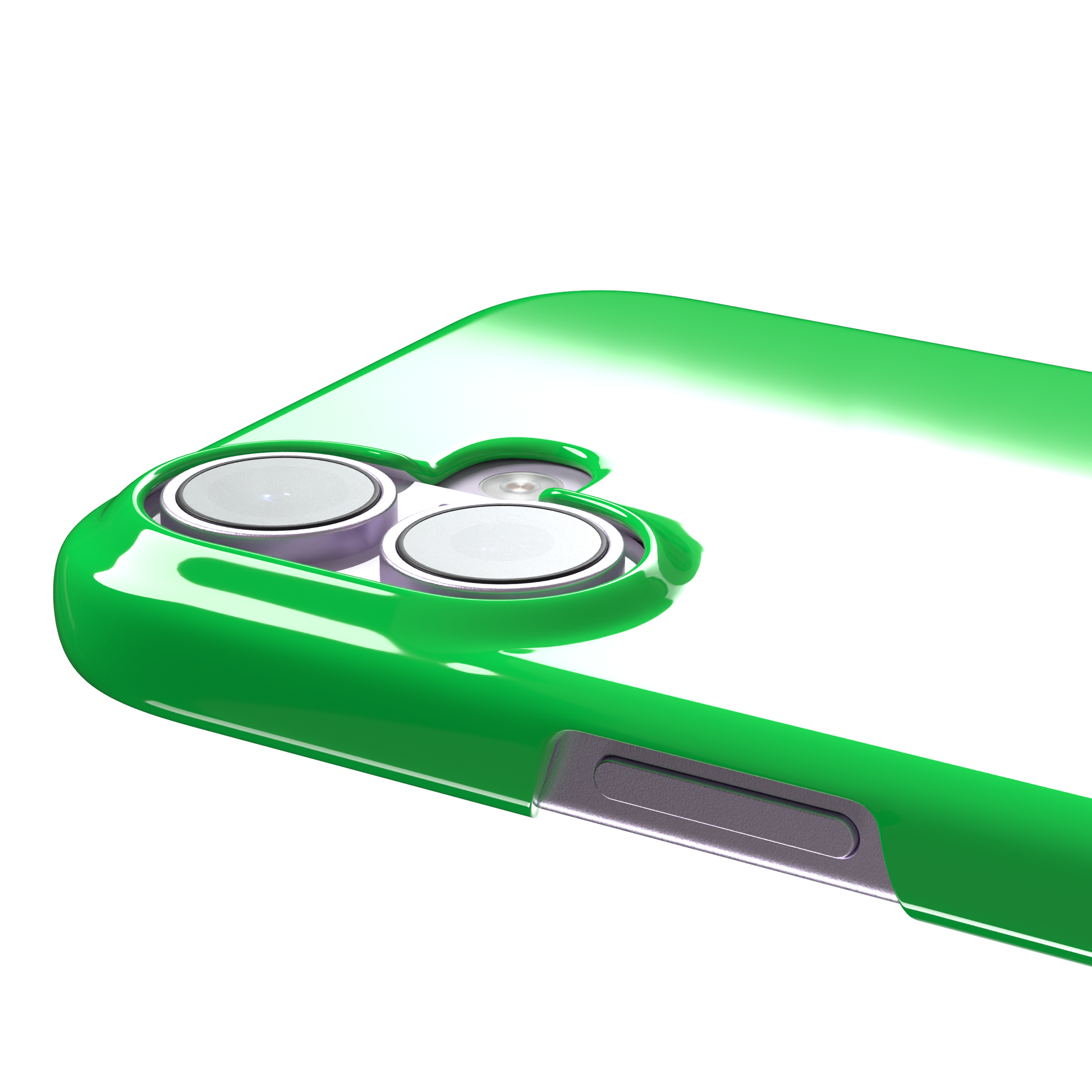 Solid neon green color variant of the green phone case, front view on iPhone, phone case by Caselier — snap case, volume buttons detail