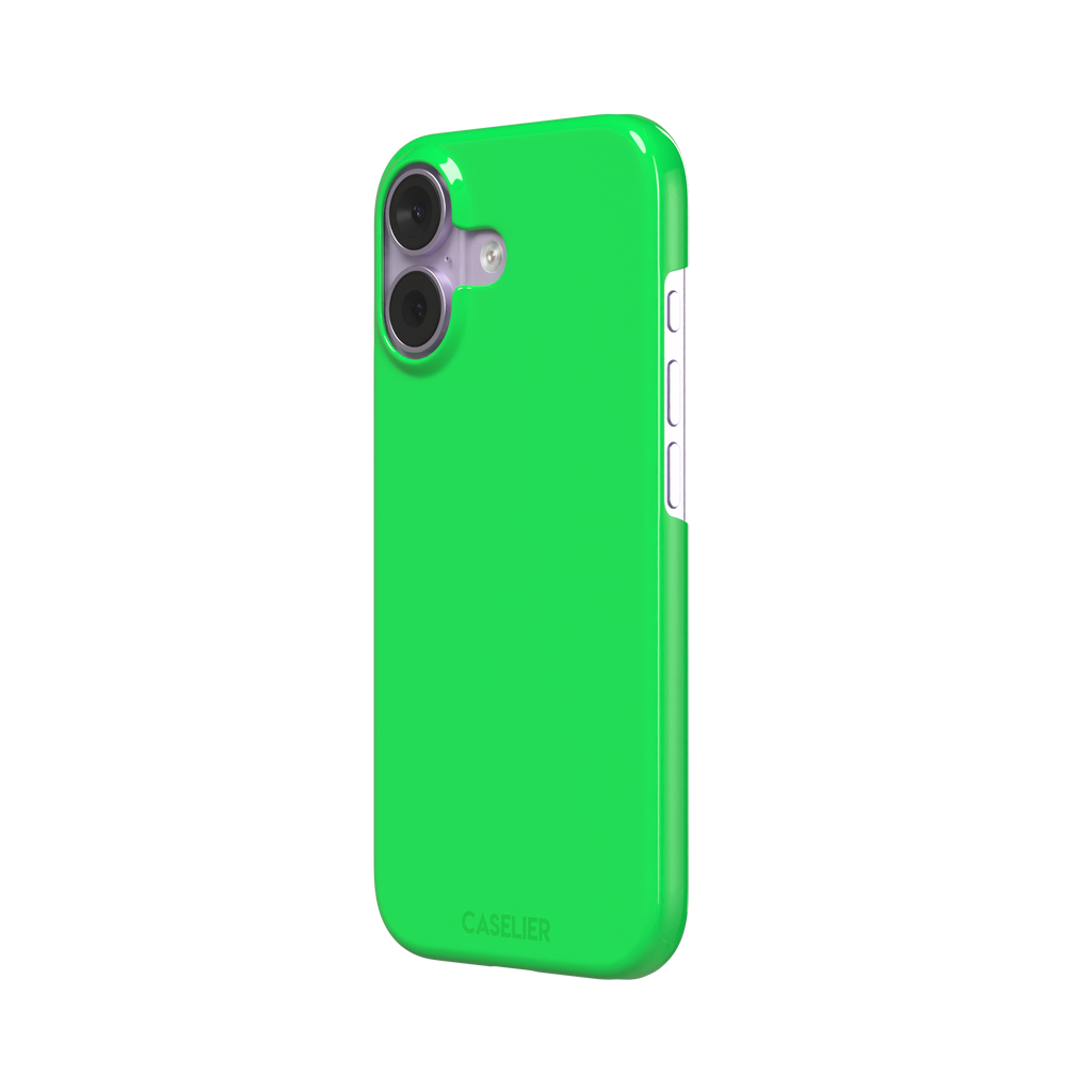 Solid neon green color variant of the green phone case, front view on iPhone, phone case by Caselier — snap case, right view
