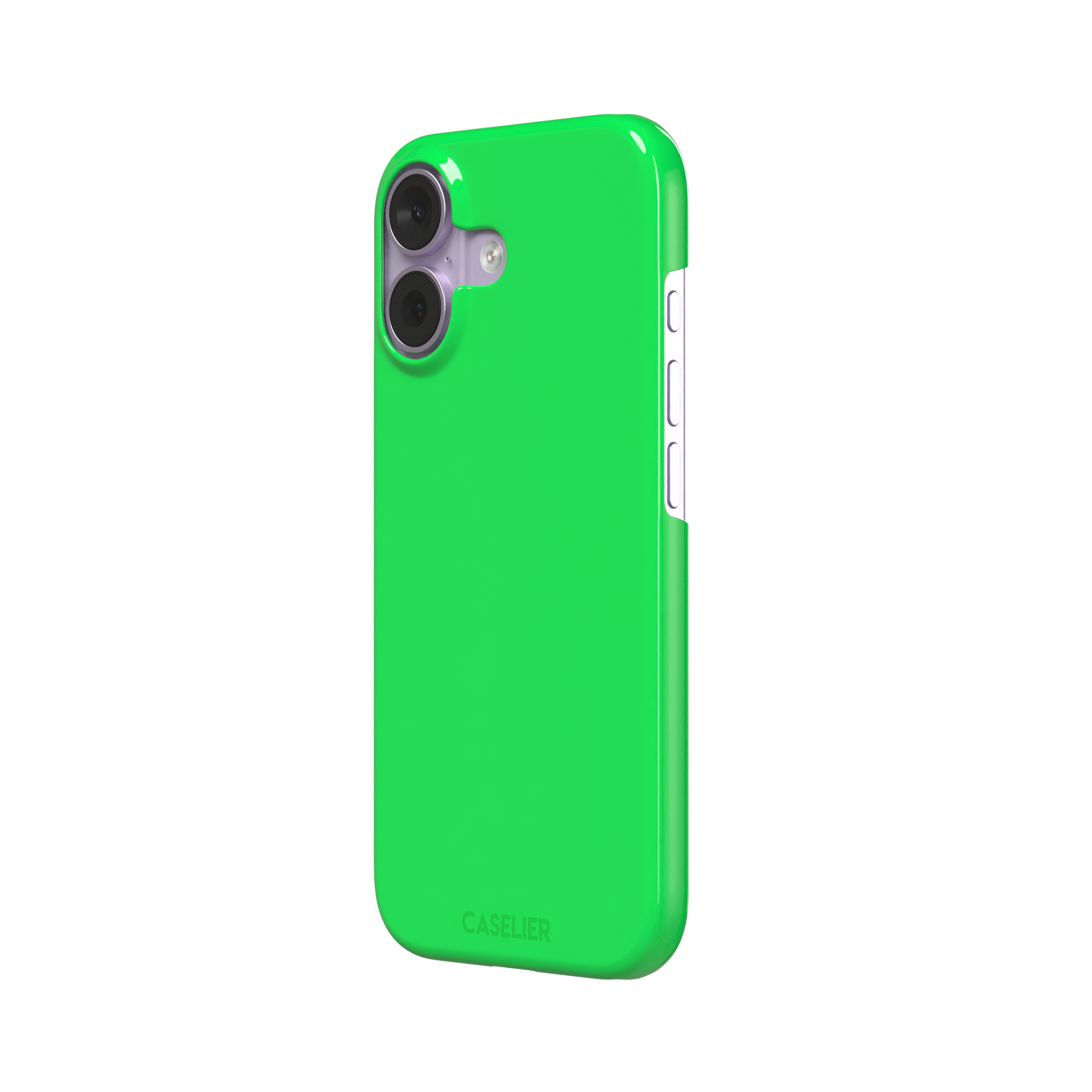 Solid neon green color variant of the green phone case, front view on iPhone, phone case by Caselier — snap case, right view