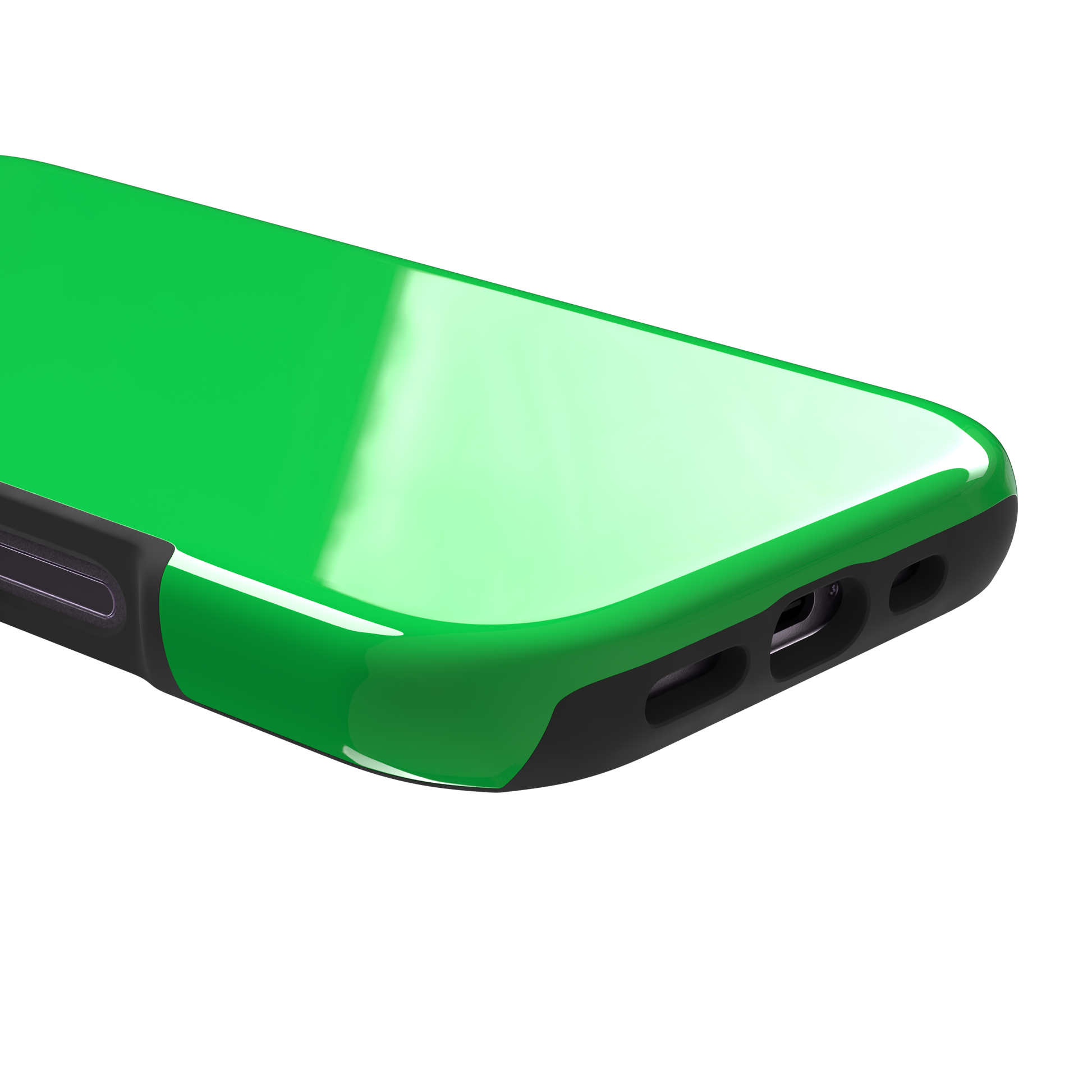 Solid neon green color variant of the green phone case, front view on iPhone, phone case by Caselier — tough case, charging port detail