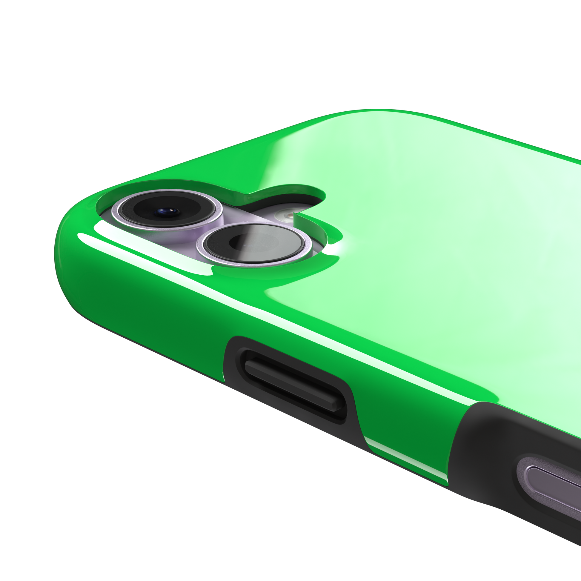 Solid neon green color variant of the green phone case, front view on iPhone, phone case by Caselier — tough case, volume buttons detail