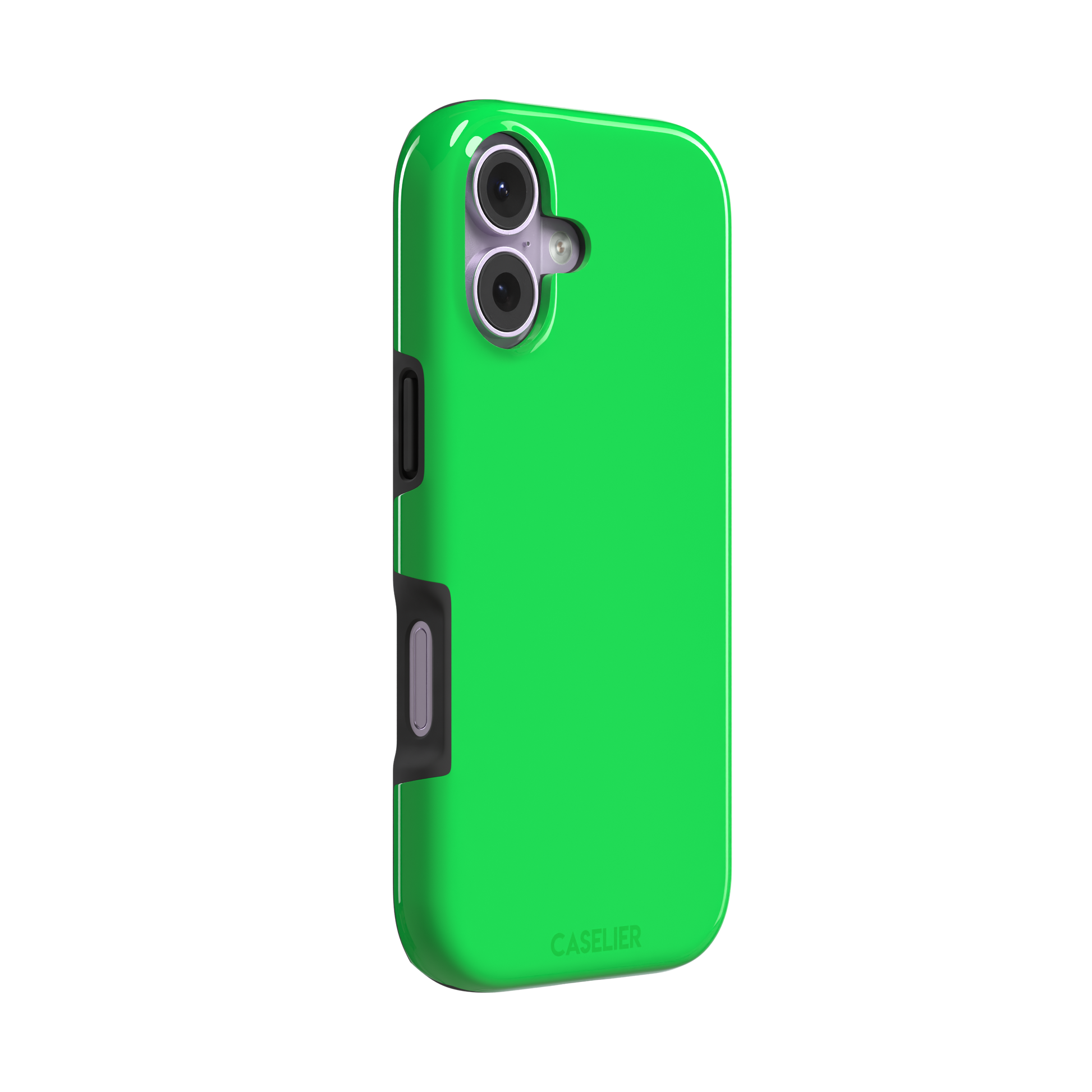 Solid neon green color variant of the green phone case, front view on iPhone, phone case by Caselier — tough case, left view