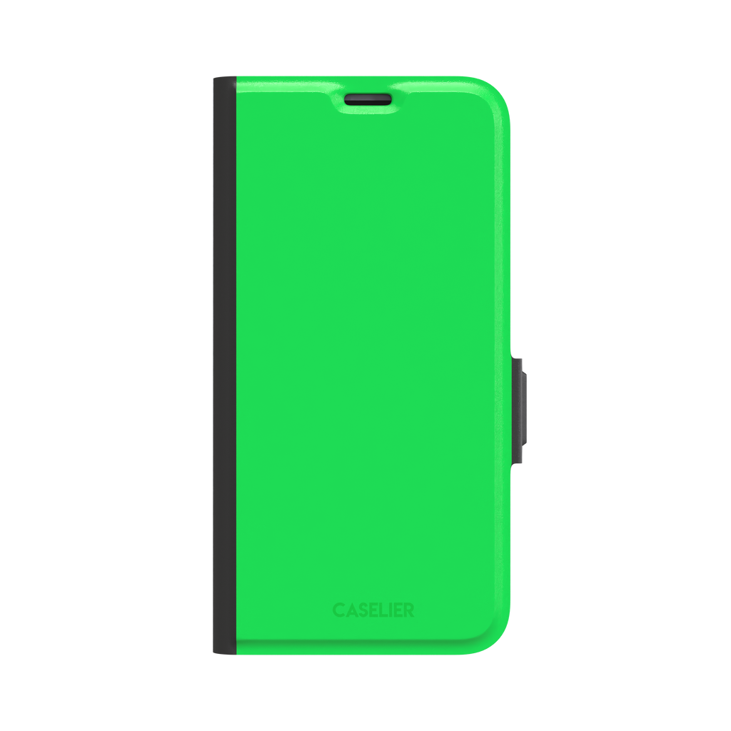 Solid neon green color variant of the green phone case, front view on iPhone, phone case by Caselier — wallet case, front view