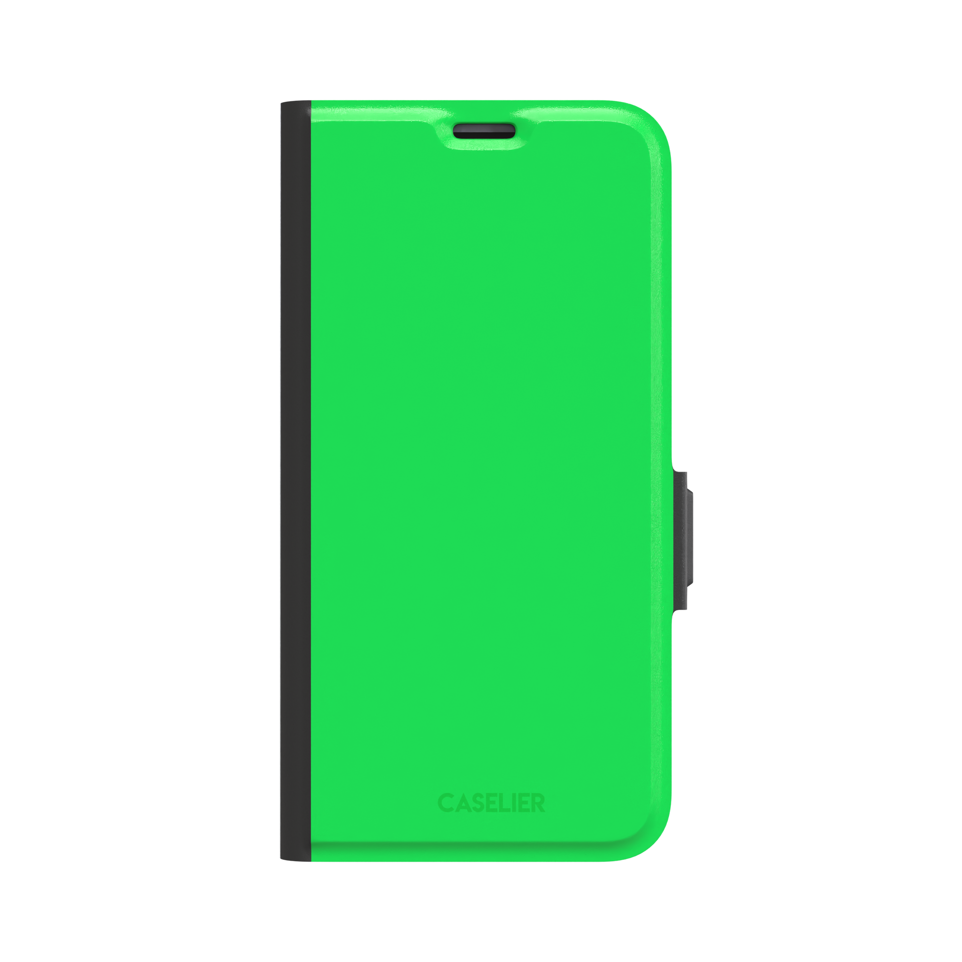 Solid neon green color variant of the green phone case, front view on iPhone, phone case by Caselier — wallet case, front view