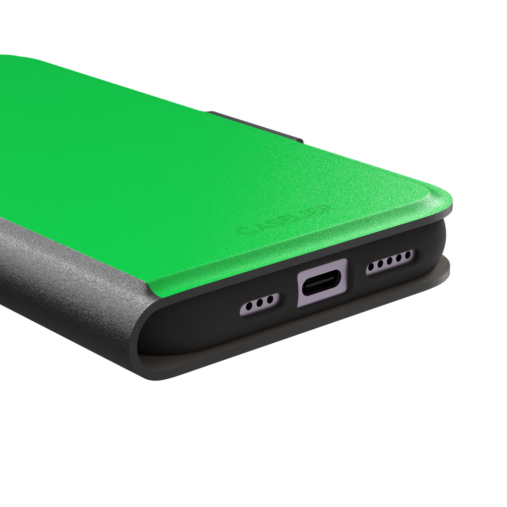 Solid neon green color variant of the green phone case, front view on iPhone, phone case by Caselier — wallet case, charging port detail
