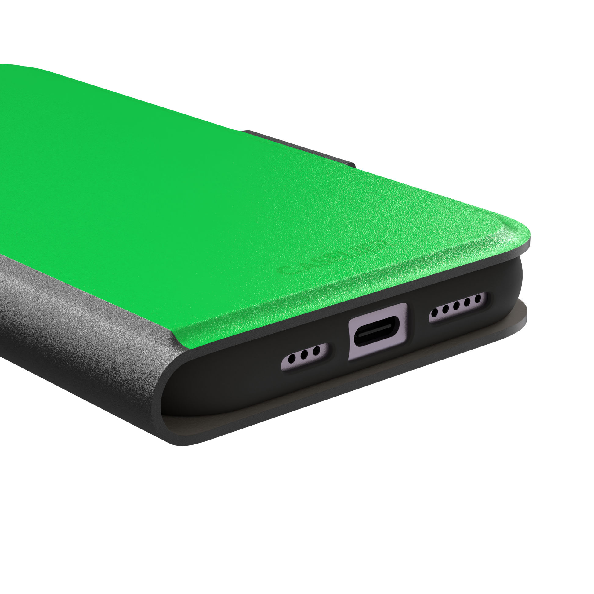 Solid neon green color variant of the green phone case, front view on iPhone, phone case by Caselier — wallet case, charging port detail