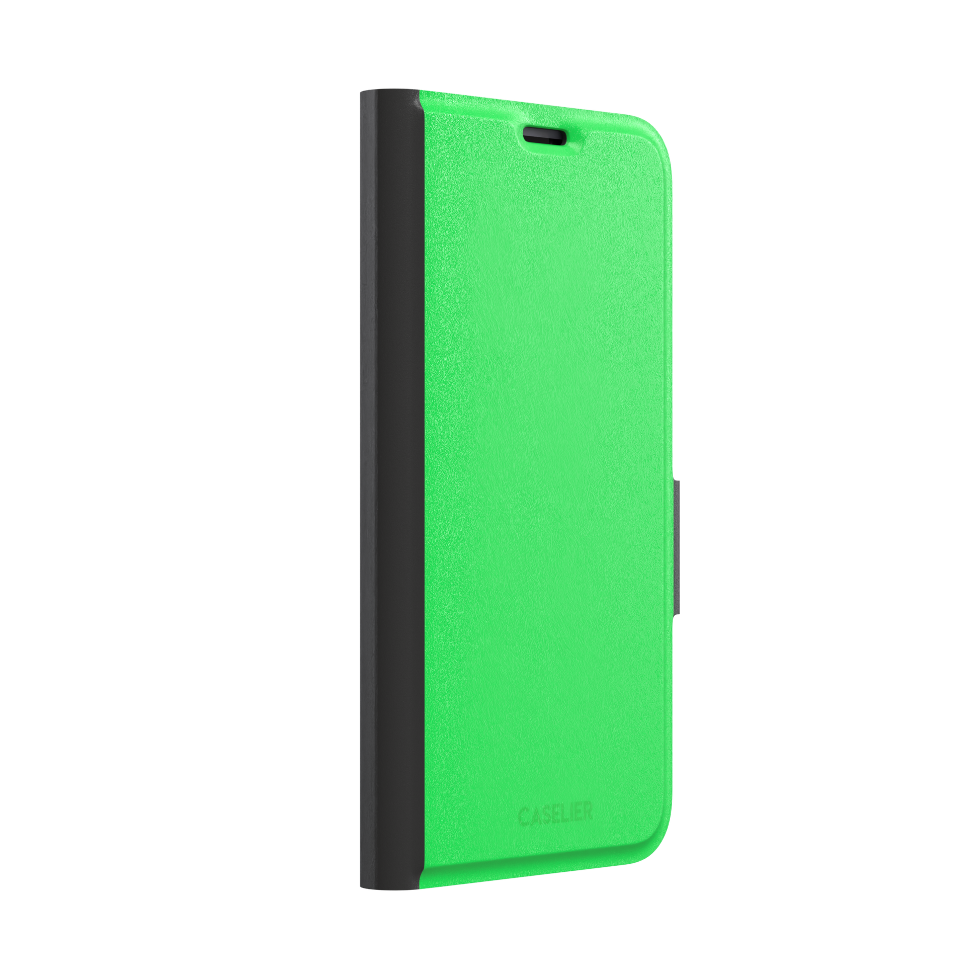 Solid neon green color variant of the green phone case, front view on iPhone, phone case by Caselier — wallet case, left view