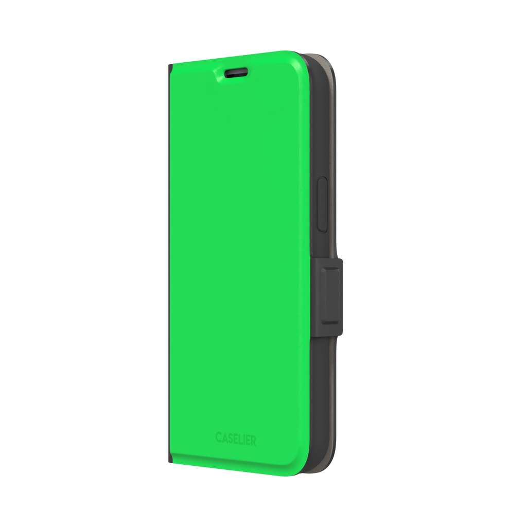Solid neon green color variant of the green phone case, front view on iPhone, phone case by Caselier — wallet case, right view