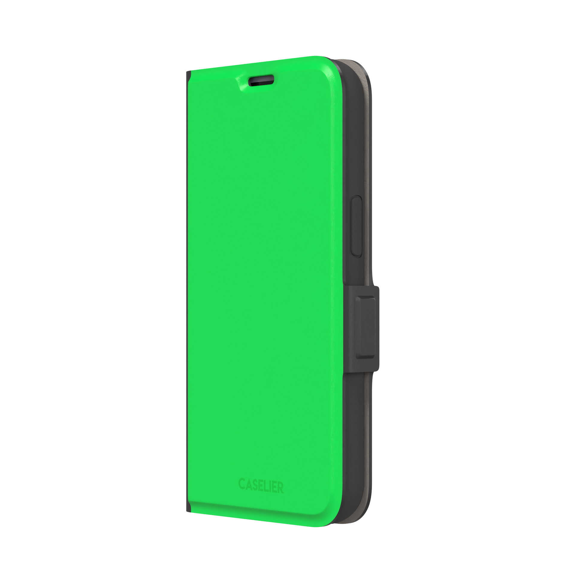 Solid neon green color variant of the green phone case, front view on iPhone, phone case by Caselier — wallet case, right view