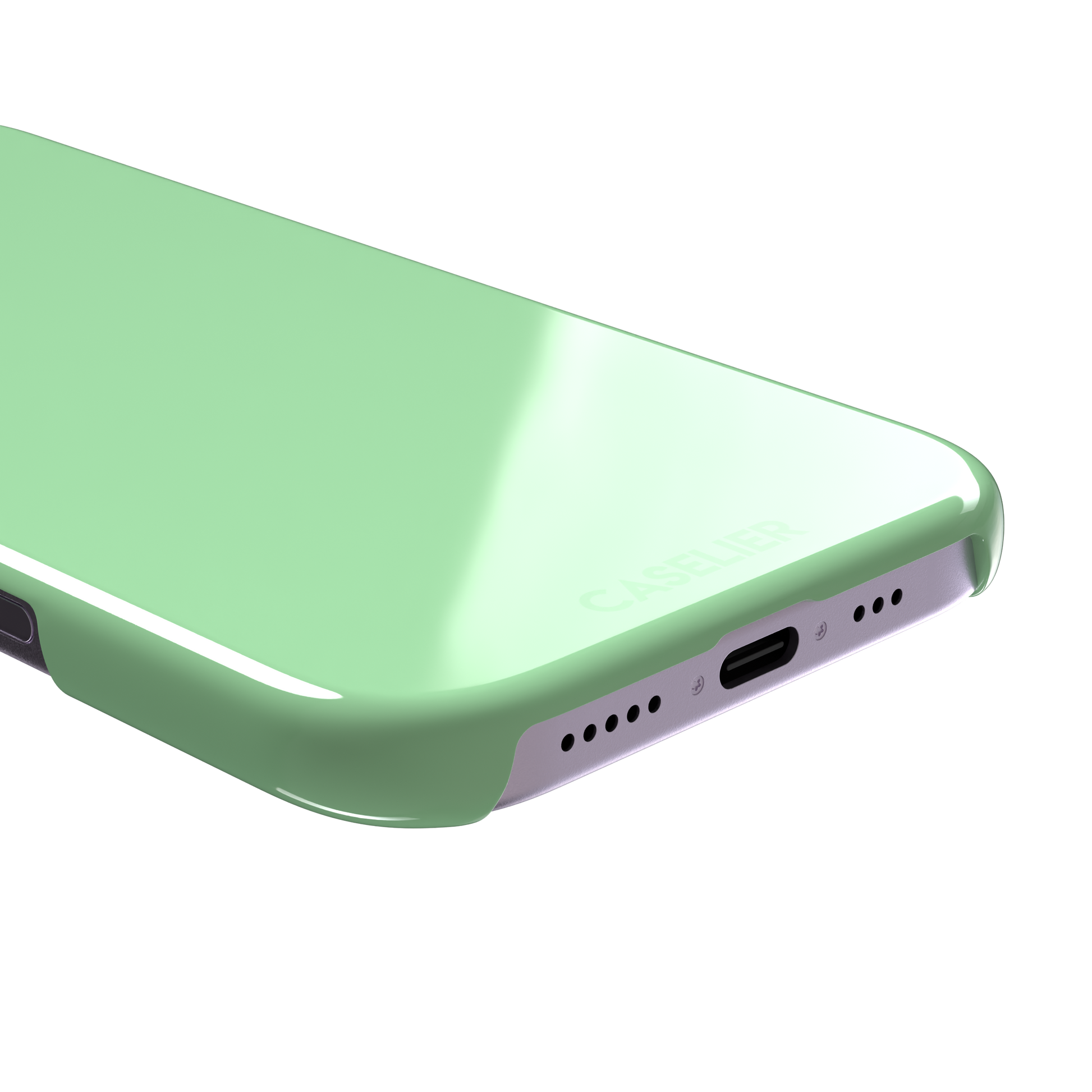 Solid soft pastel mint green color variant of the green phone case, front view on iPhone, phone case by Caselier — snap case, charging port detail