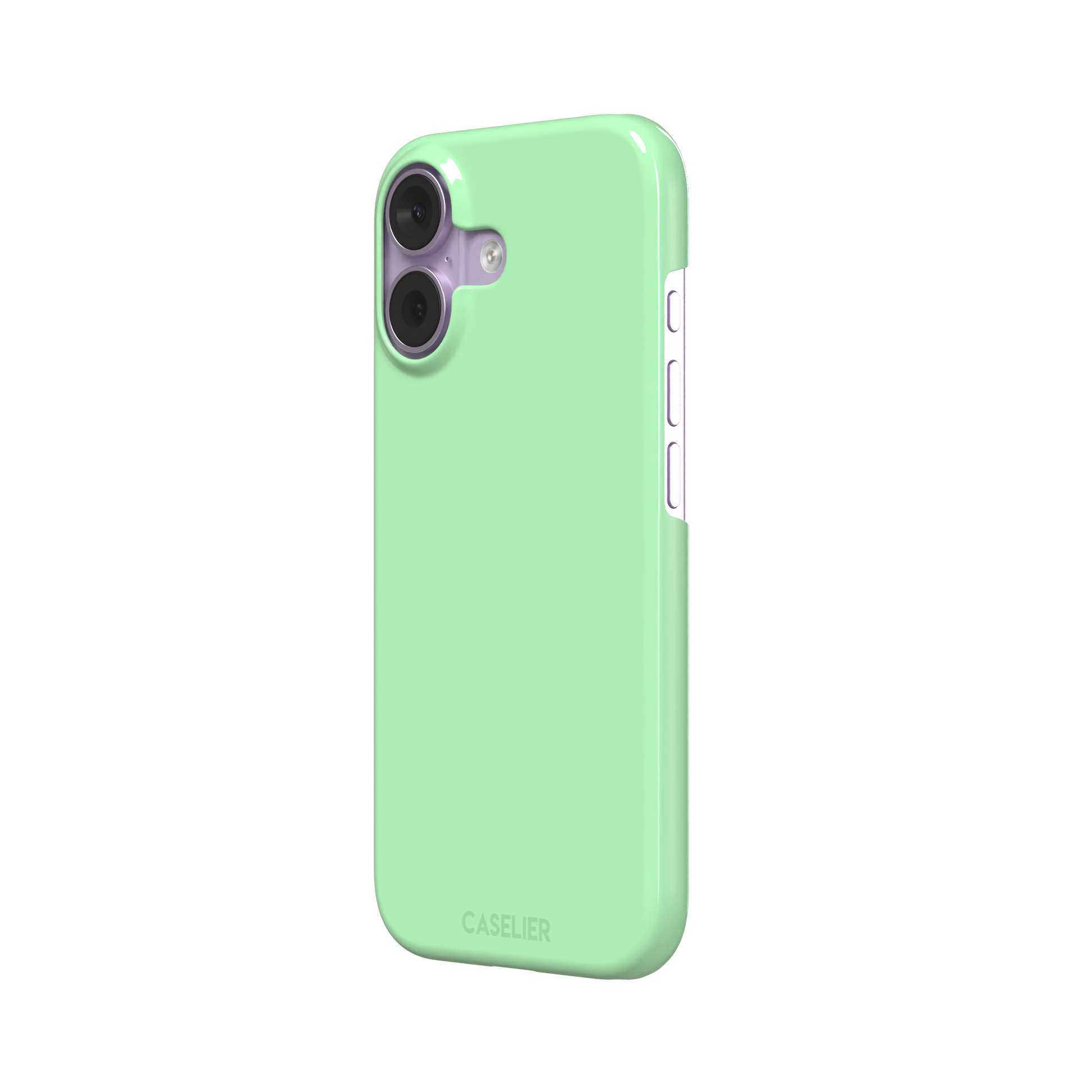 Solid soft pastel mint green color variant of the green phone case, front view on iPhone, phone case by Caselier — snap case, right view