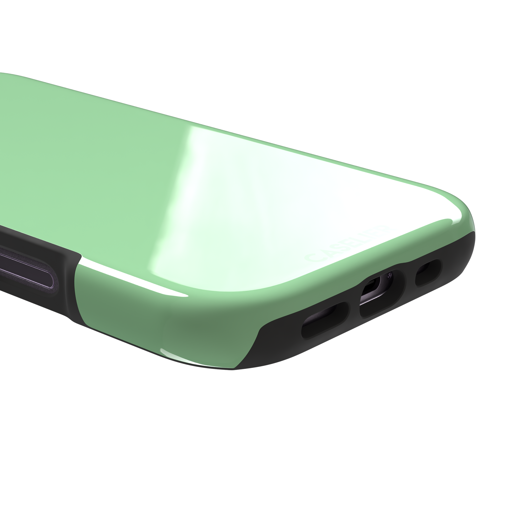 Solid soft pastel mint green color variant of the green phone case, front view on iPhone, phone case by Caselier — tough case, charging port detail
