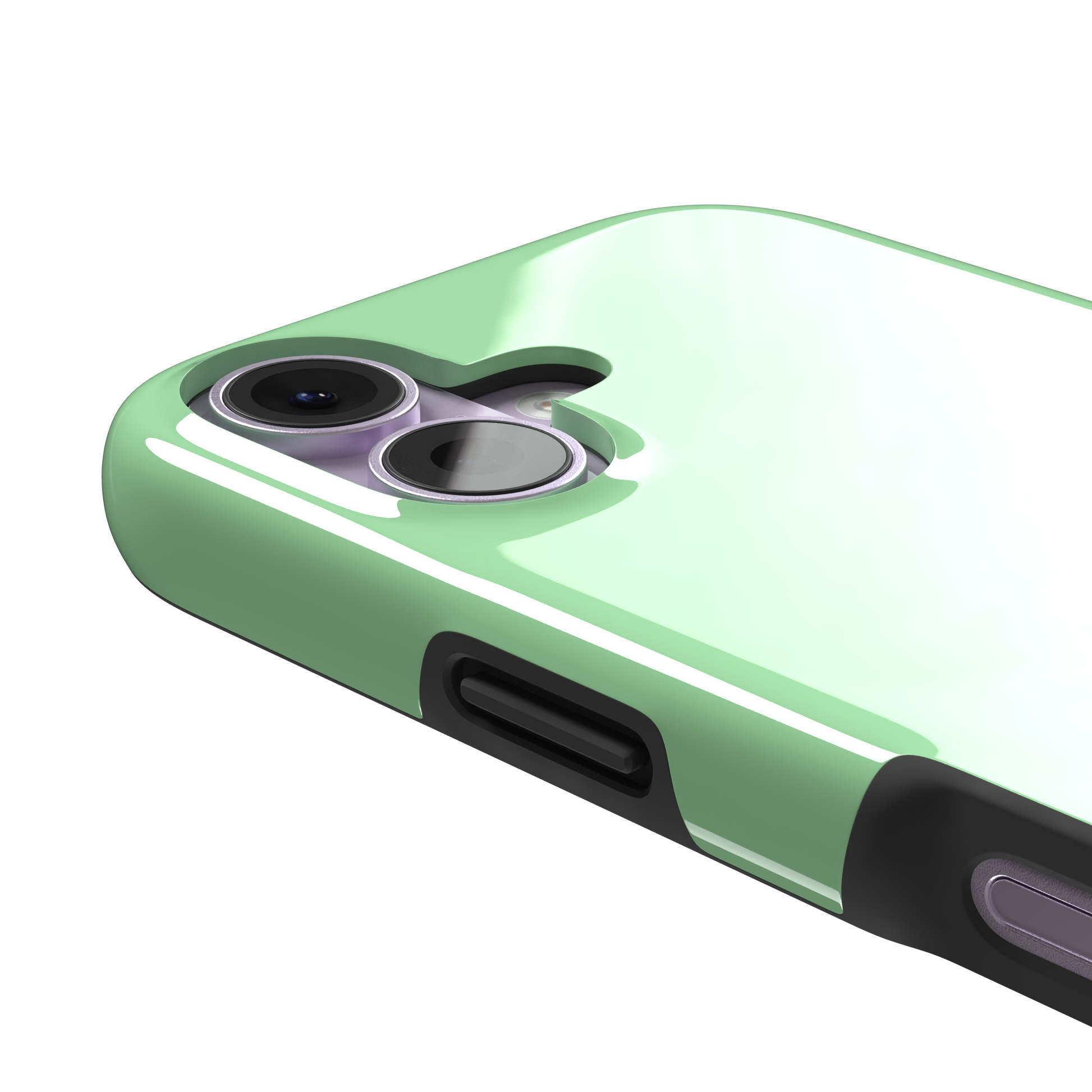 Solid soft pastel mint green color variant of the green phone case, front view on iPhone, phone case by Caselier — tough case, volume buttons detail