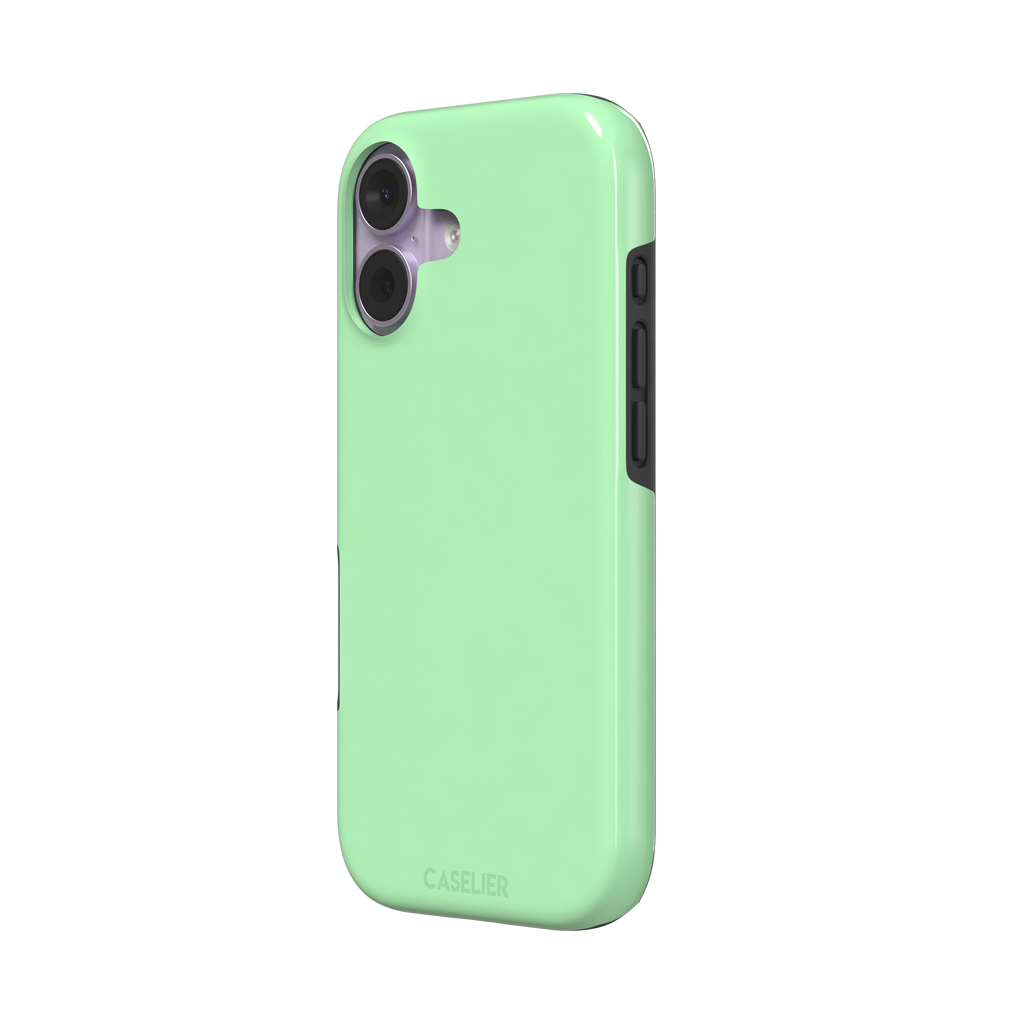 Solid soft pastel mint green color variant of the green phone case, front view on iPhone, phone case by Caselier — tough case, right view