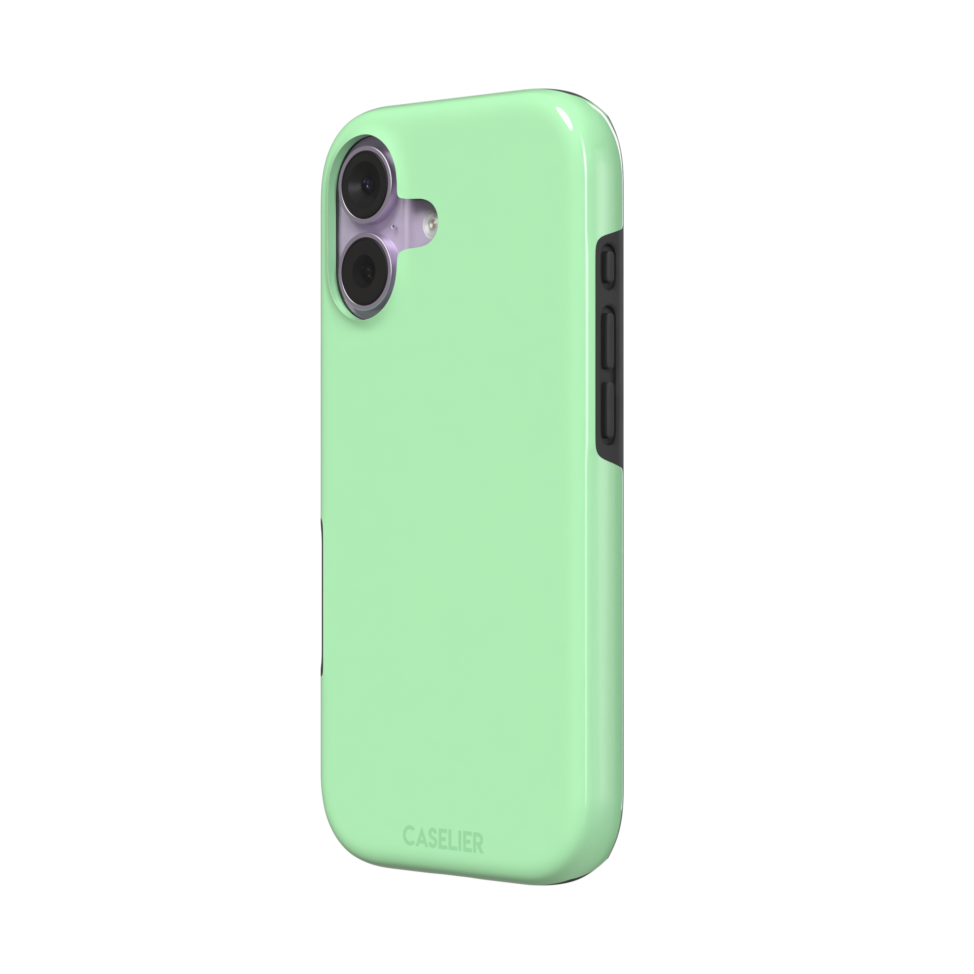 Solid soft pastel mint green color variant of the green phone case, front view on iPhone, phone case by Caselier — tough case, right view