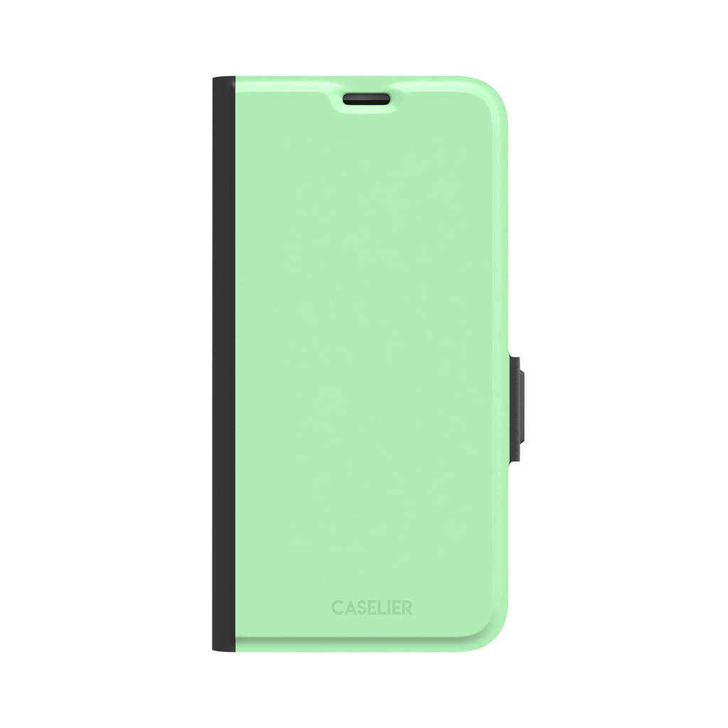 Solid soft pastel mint green color variant of the green phone case, front view on iPhone, phone case by Caselier — wallet case, front view