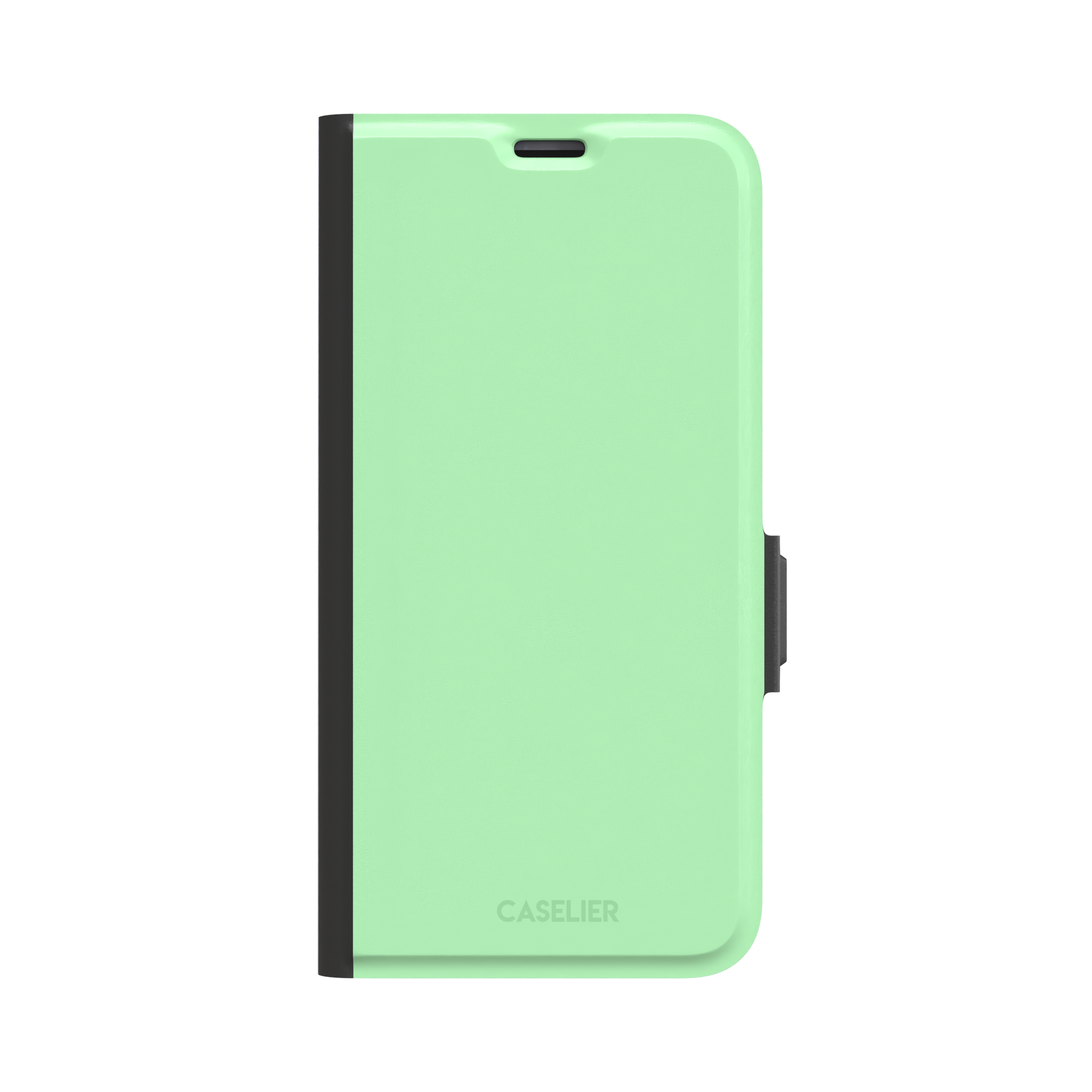 Solid soft pastel mint green color variant of the green phone case, front view on iPhone, phone case by Caselier — wallet case, front view
