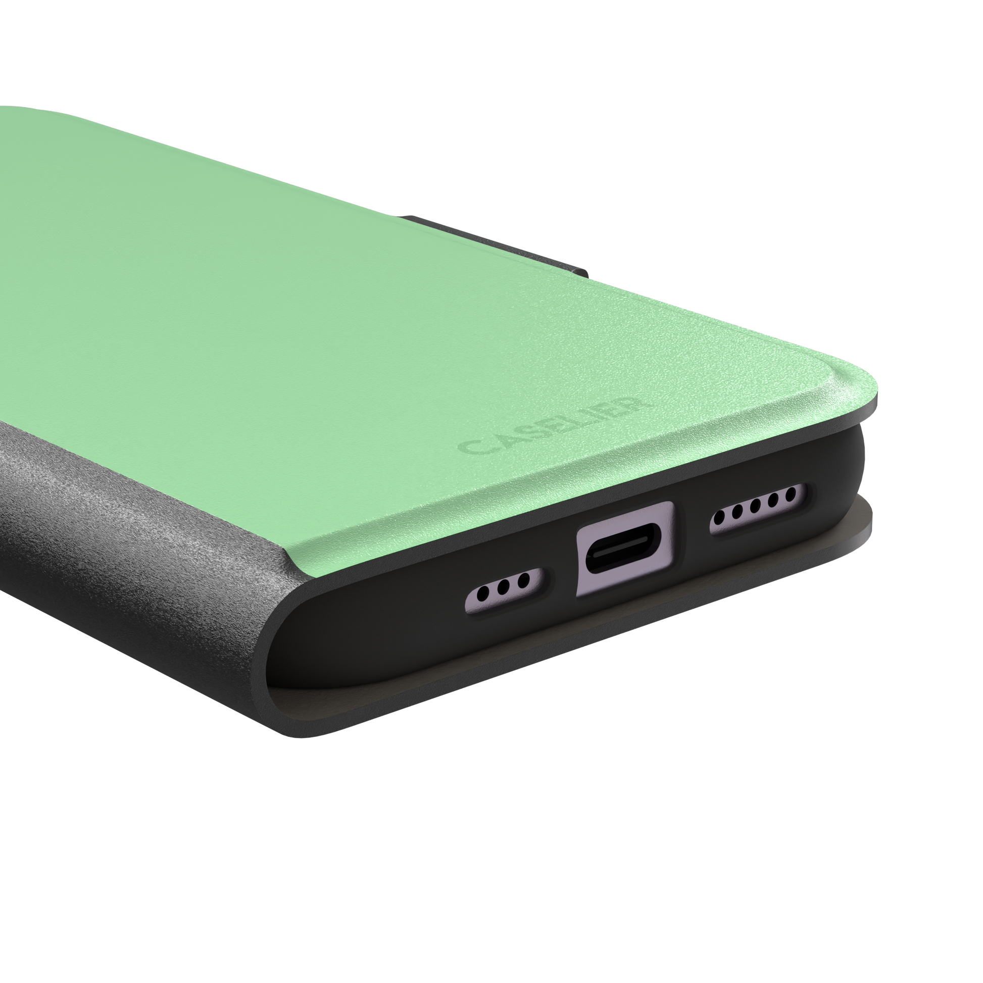Solid soft pastel mint green color variant of the green phone case, front view on iPhone, phone case by Caselier — wallet case, charging port detail