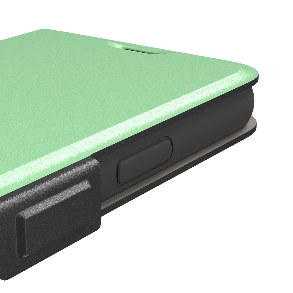 Solid soft pastel mint green color variant of the green phone case, front view on iPhone, phone case by Caselier — wallet case, volume buttons detail